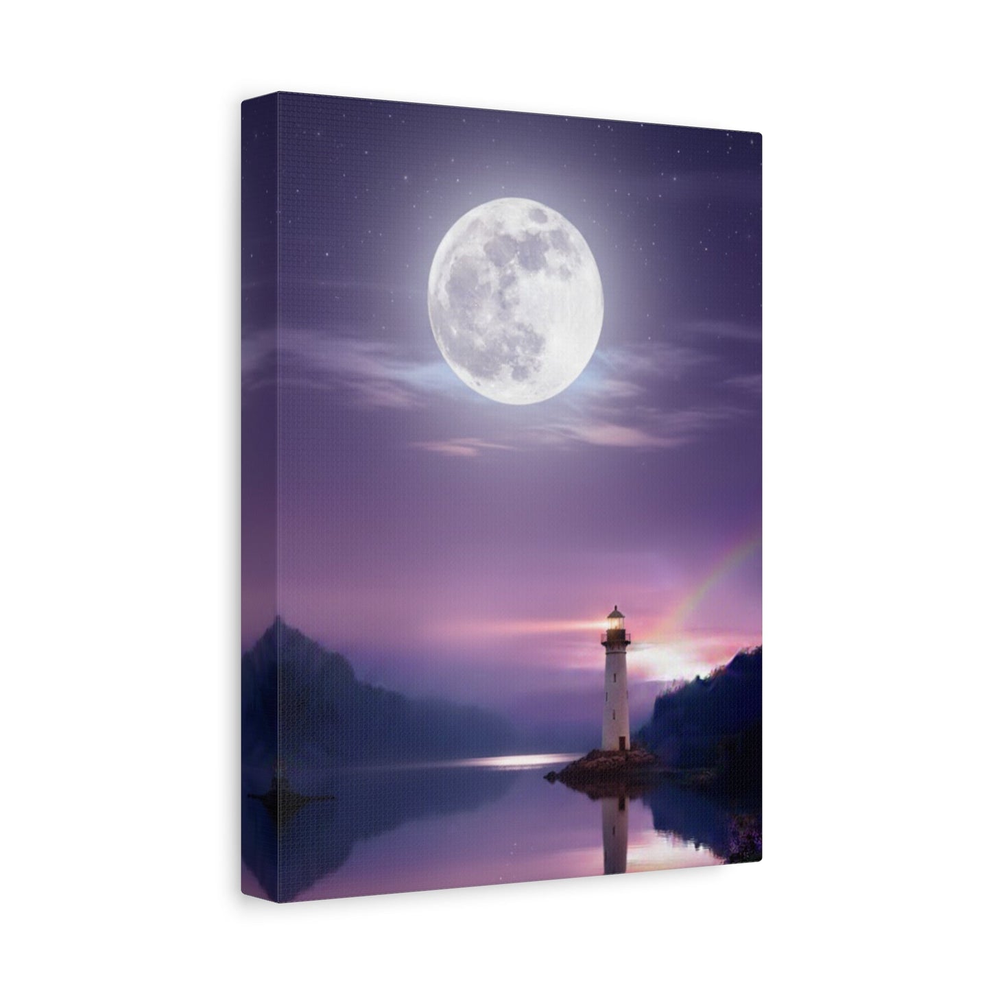 Canvas wall art of lighthouse and full moon reflecting on calm lake in purple tones