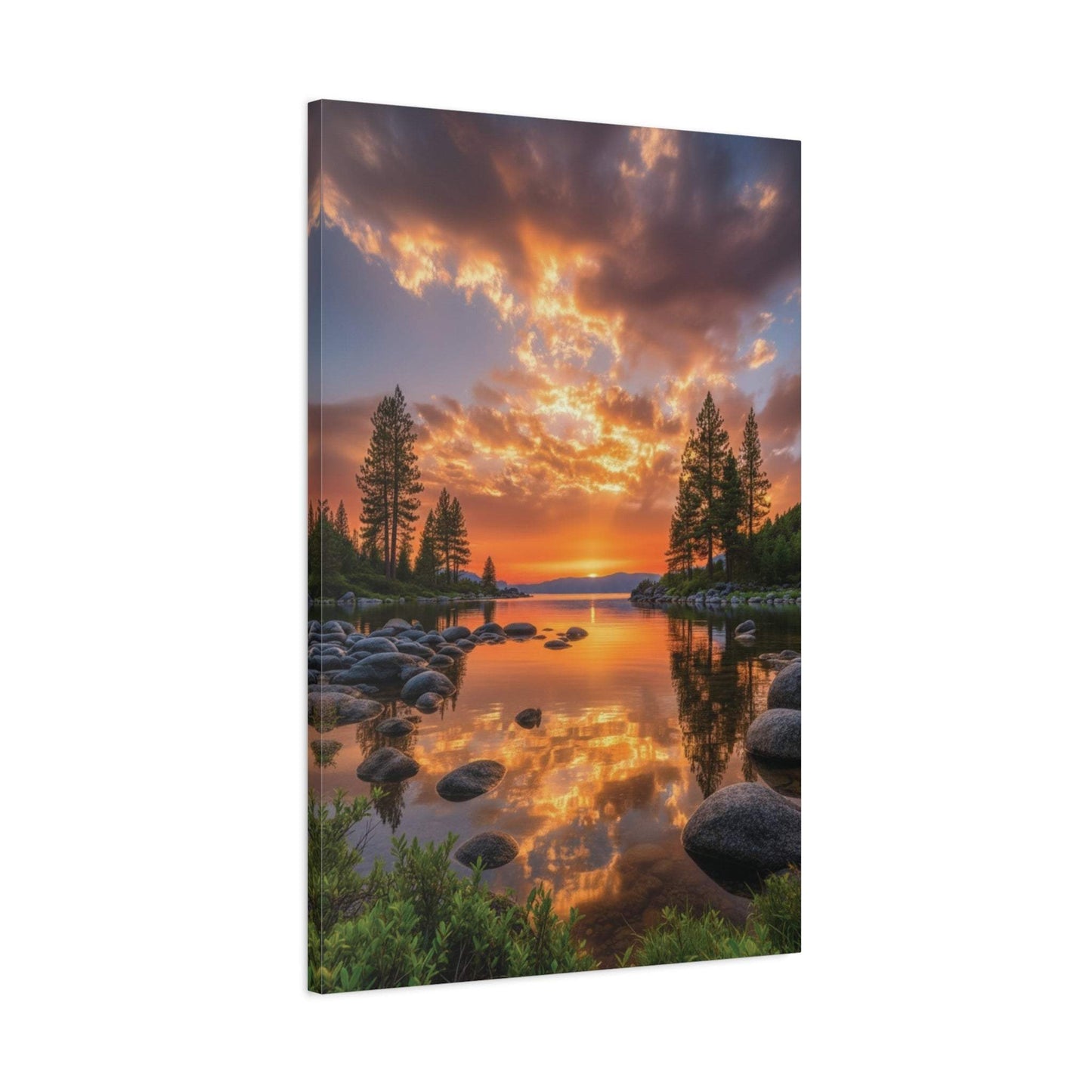 Canvas wall art depicting a vibrant sunrise reflecting over a serene evergreen path with lush pine trees and calm water