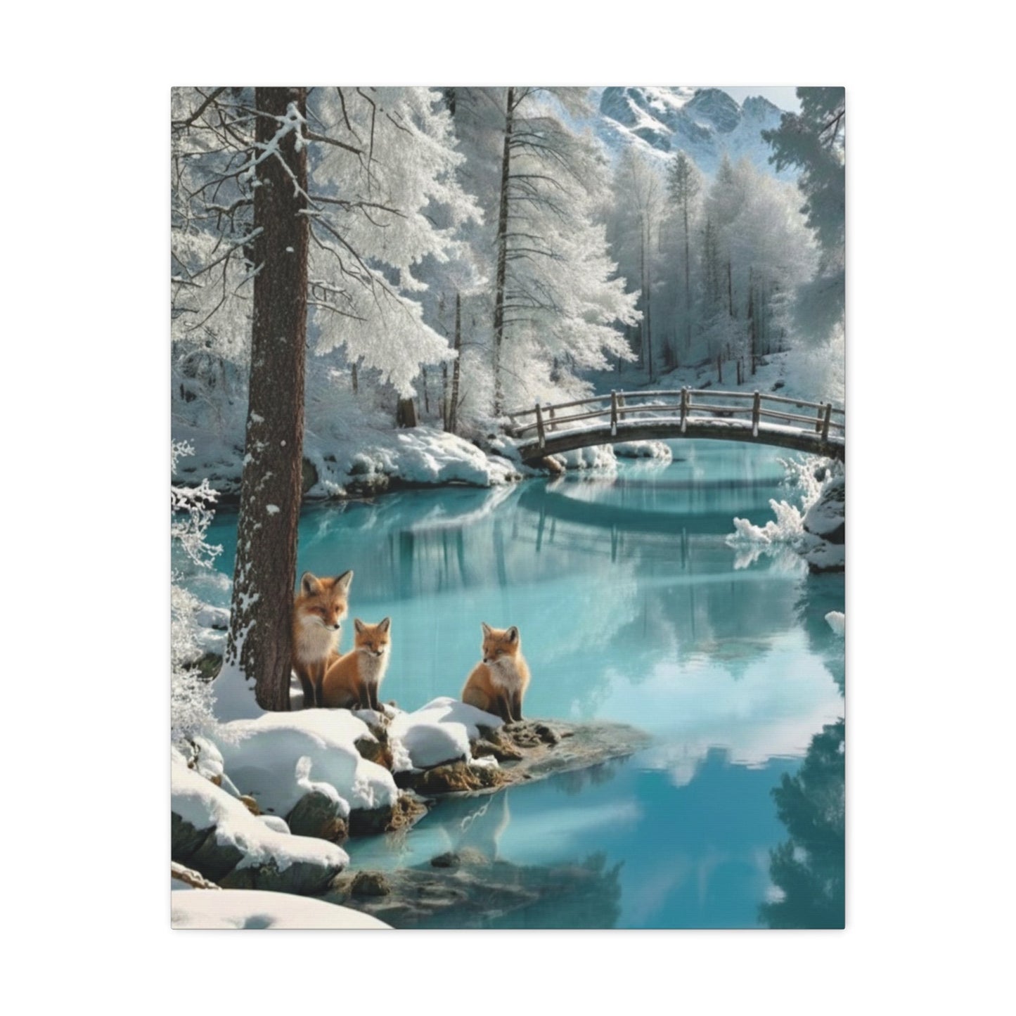 Canvas wall art featuring winter foxes by a snowy lake with serene blue water and frosted trees.