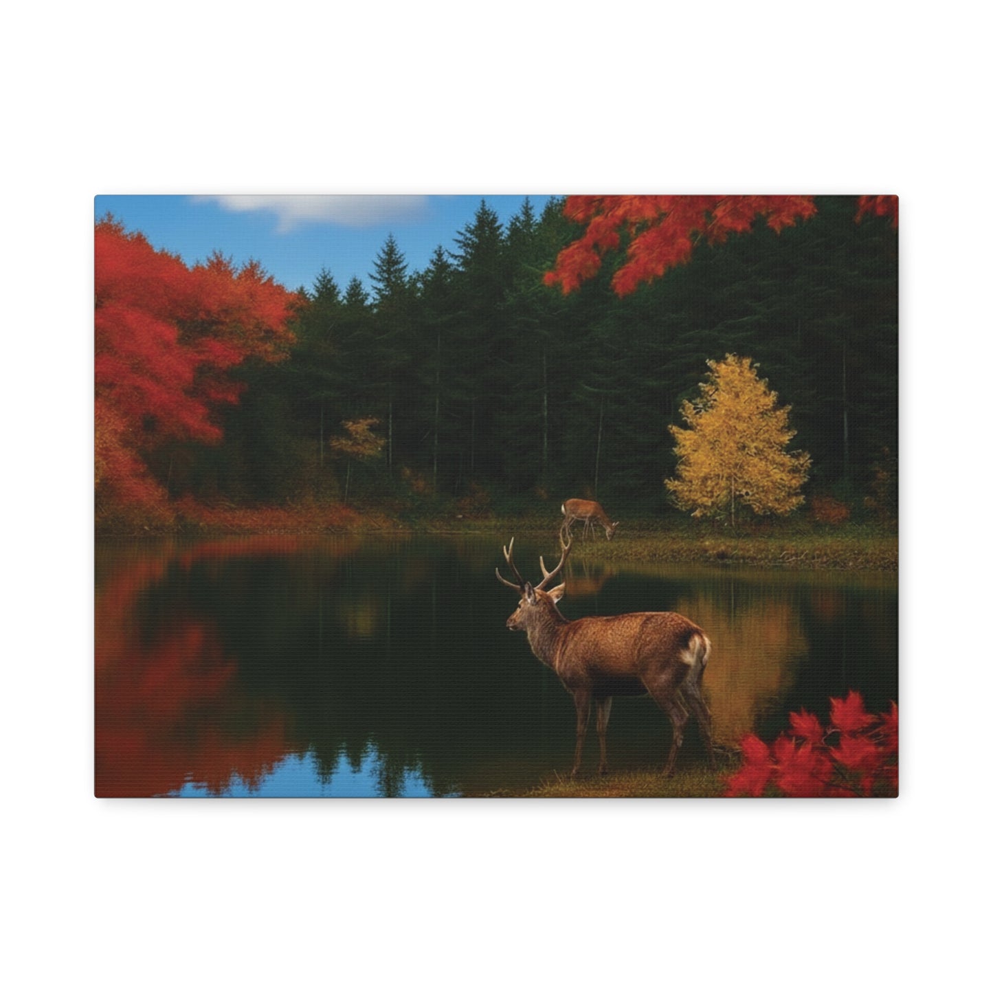 Autumn foliage and Deer by the lake Canvas wall art print