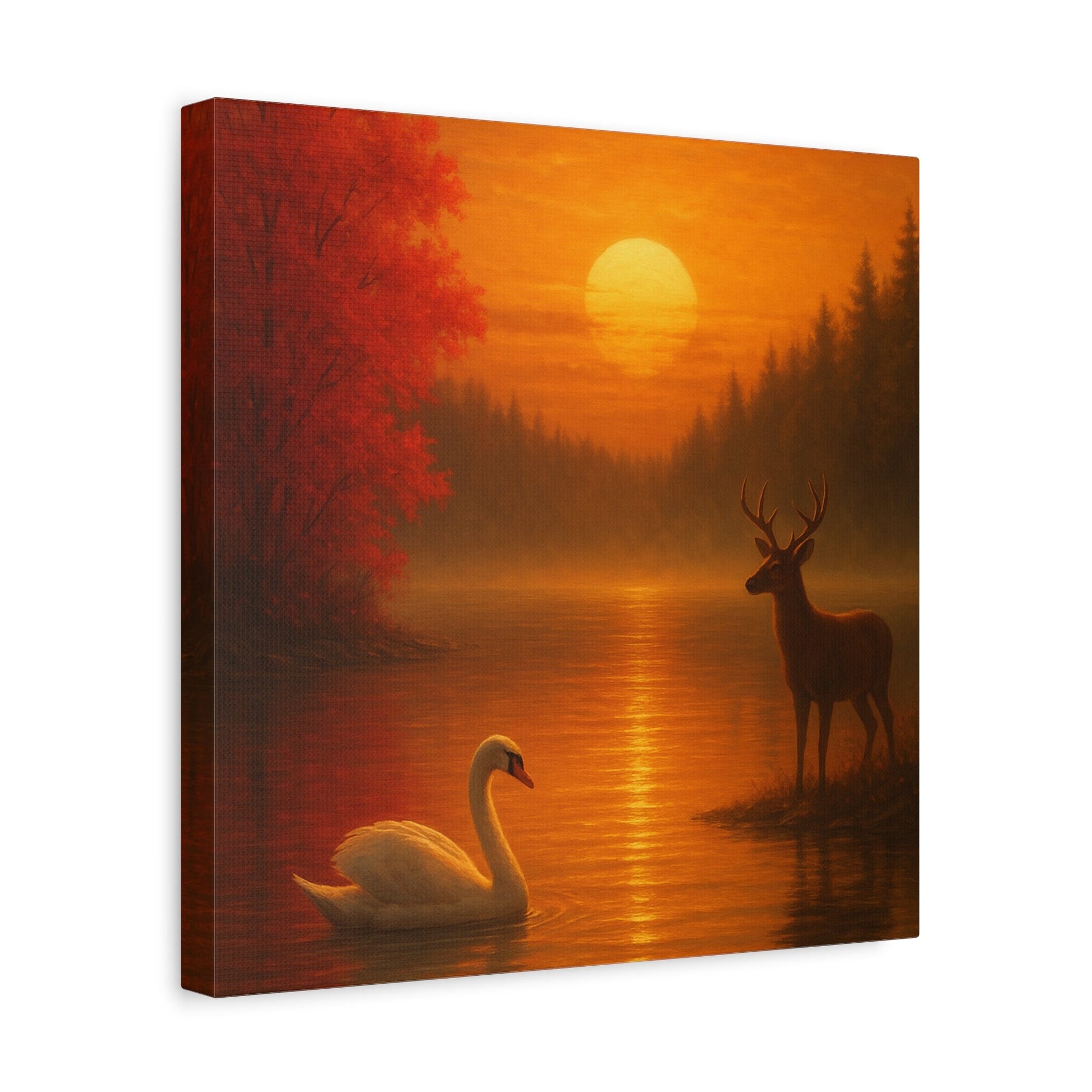 Dusk on the autumn lake sunset canvas with swan, deer, crimson maple leaves, and fiery sun over misty water