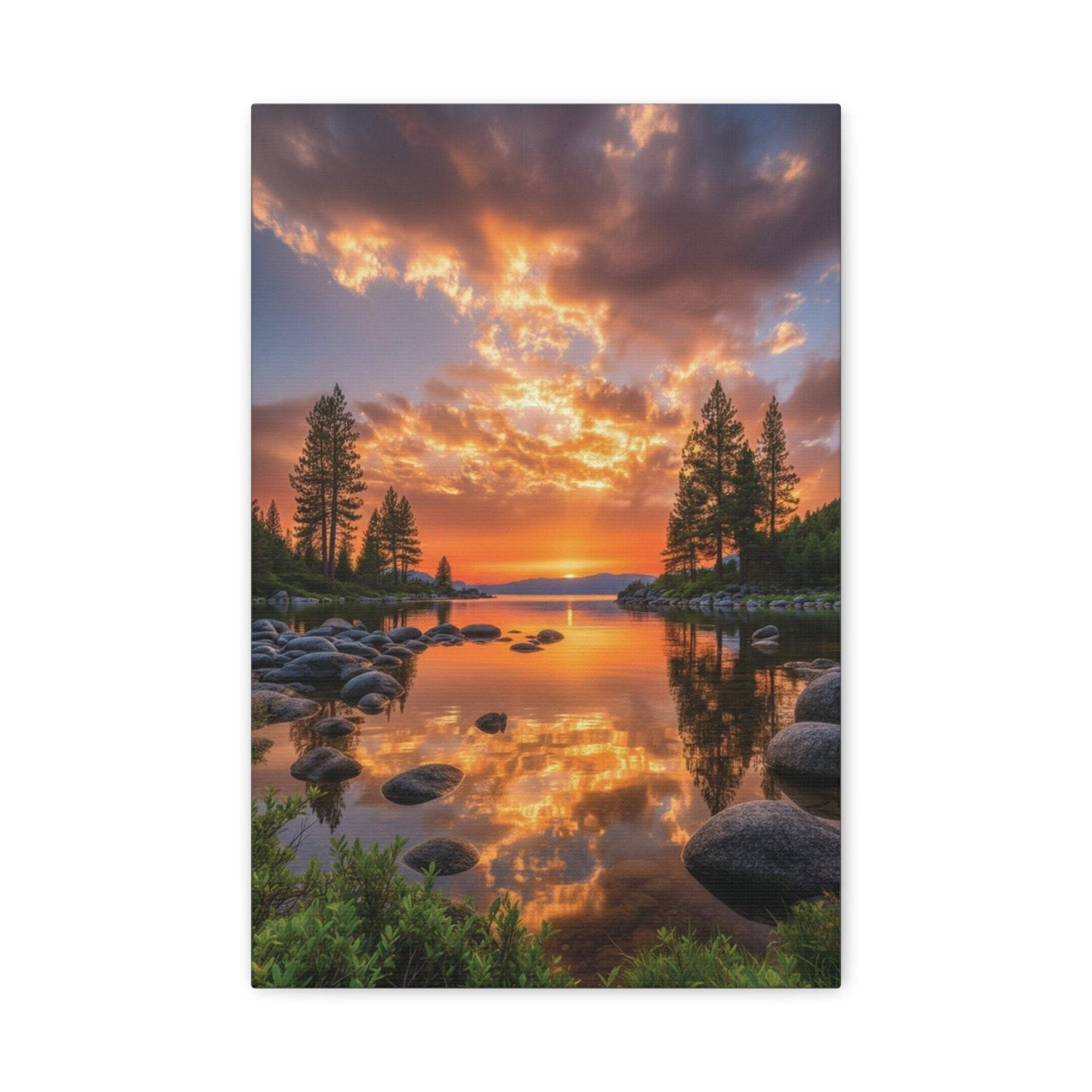 Canvas wall art featuring a vibrant sunrise over an evergreen path with lush green pine trees and reflective water.