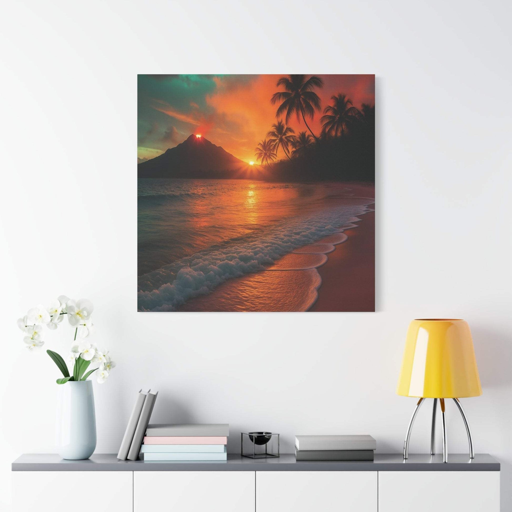 Canvas wall art featuring red lava and sunrise over ocean beach with palm trees for nature lovers and home decor