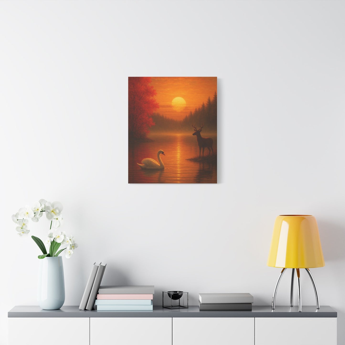 Dusk on the Autumn Lake Sunset canvas wall art featuring a swan, deer, and fiery sunset over a misty lake