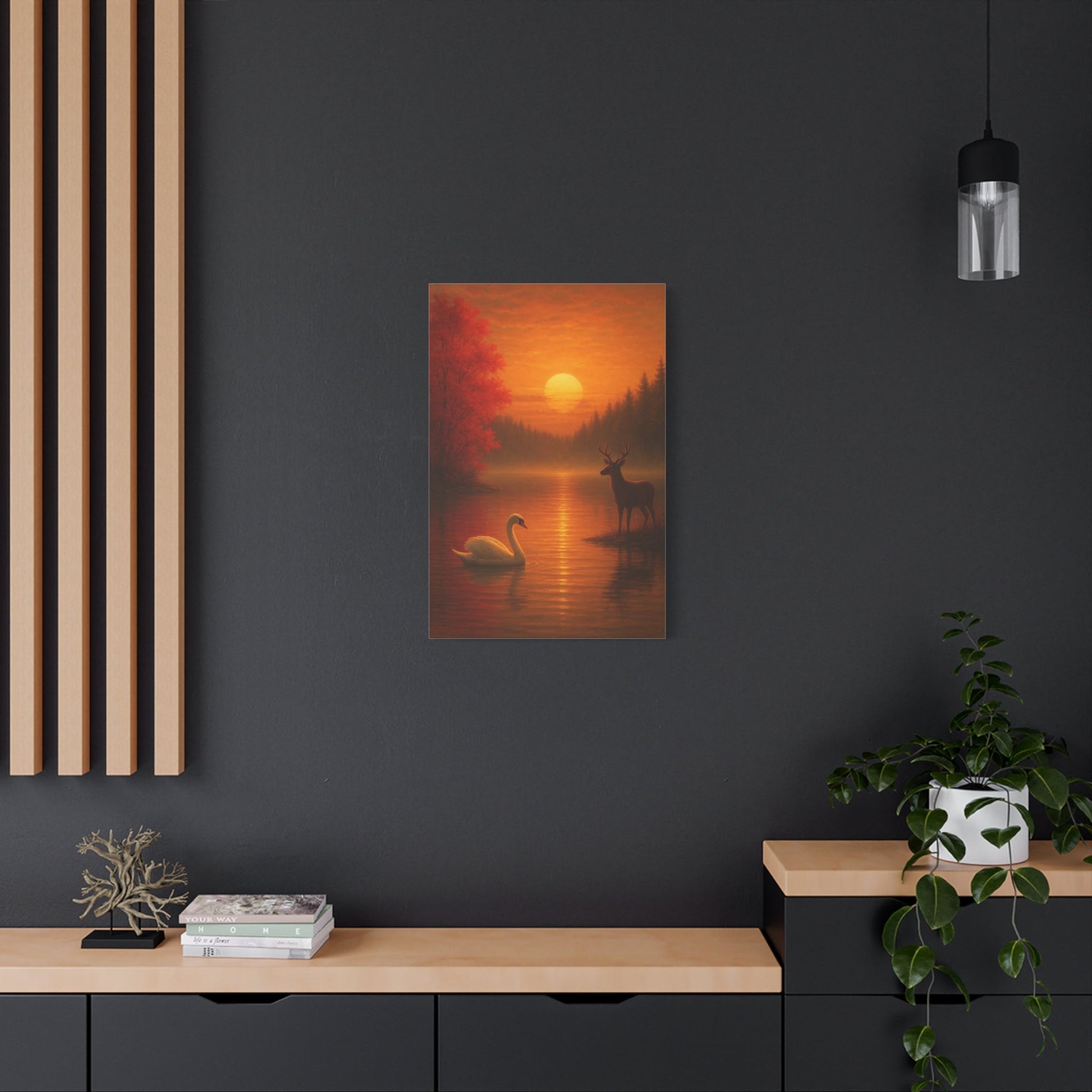 Dusk on the Autumn Lake Sunset canvas wall art with swan and deer in vibrant orange and red tones