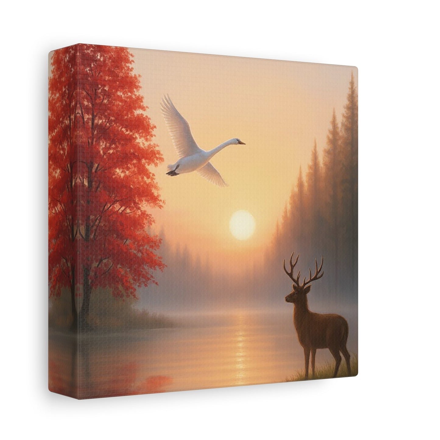 Wall art stretched canvas depicting dawn sunrise with deer and swan over calm lake and autumn trees