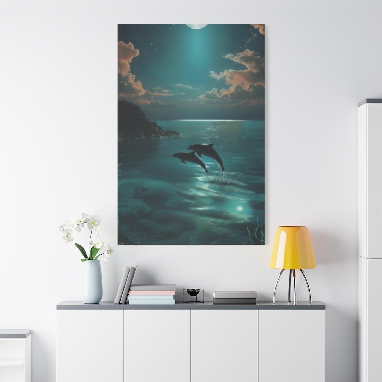Dolphins in Turquoise Moonlit Ocean Canvas Wall Art
