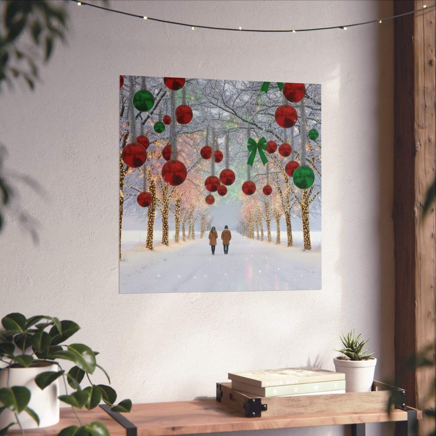 Couple walking under decorated winter trees with Christmas lights and ornaments poster on wall