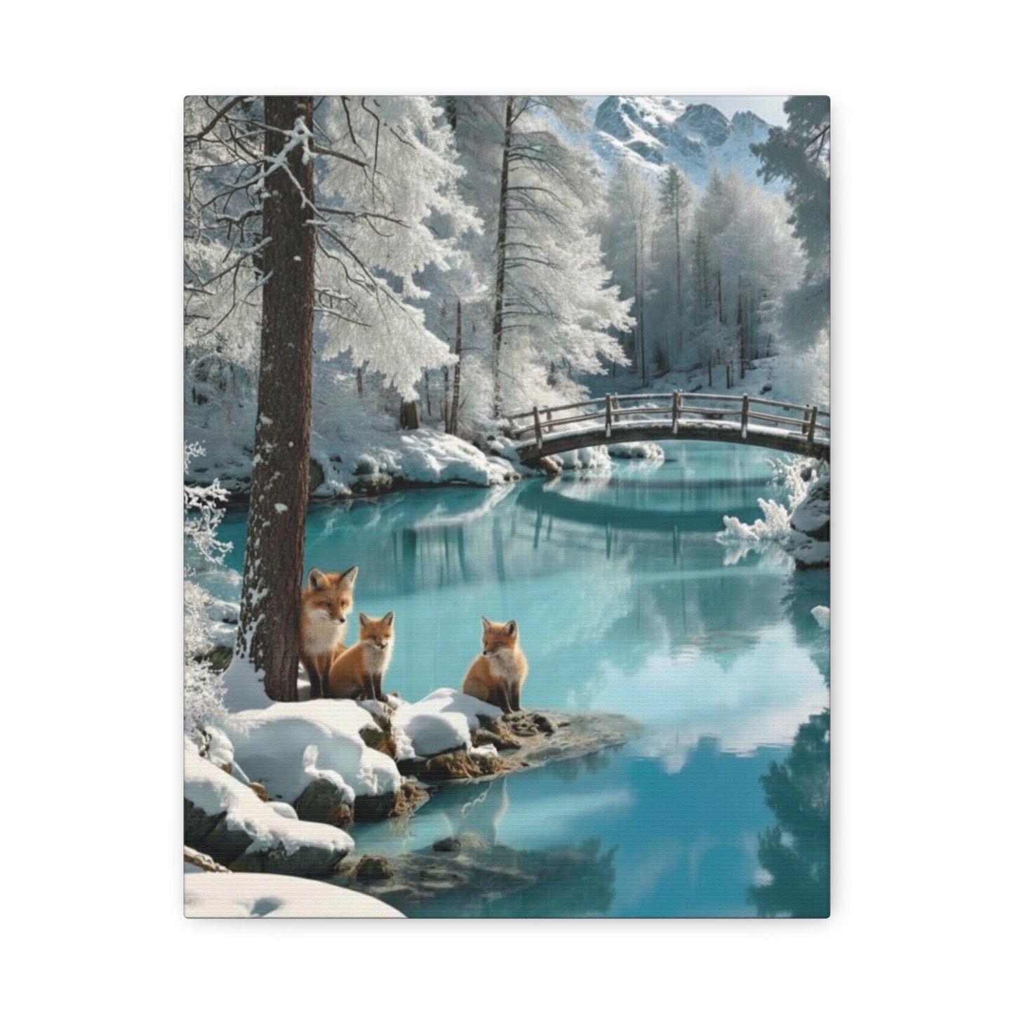 Winter foxes canvas wall art featuring a serene snowy landscape with a turquoise river and forest background