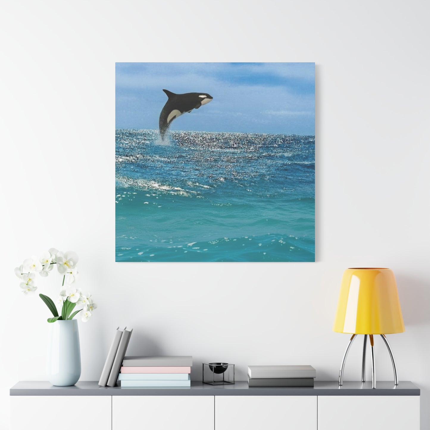Orca Playing in Blue sunlit Coastal Ocean Canvas Wall Art