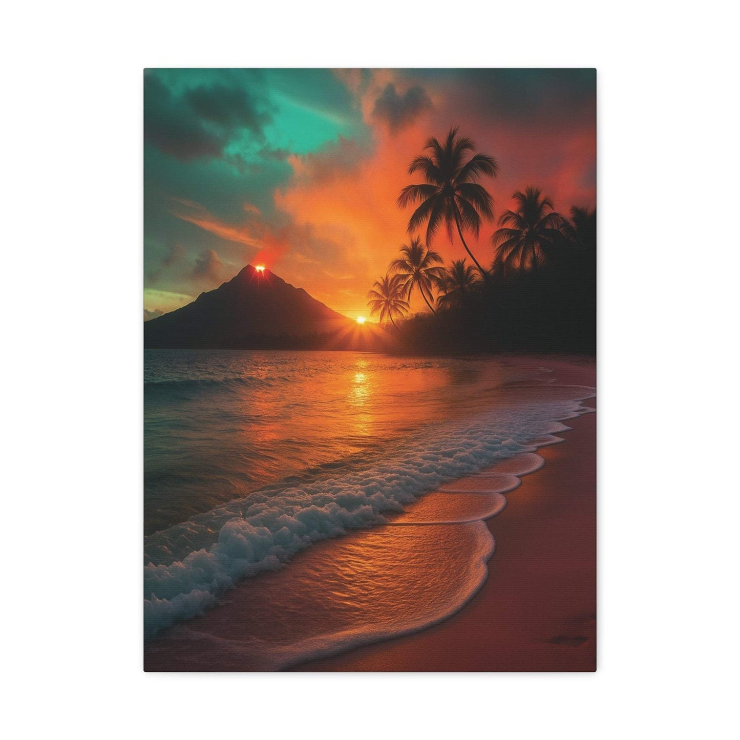 Canvas wall art of lava flowing from a volcano at sunrise over the ocean with palm trees on the beach