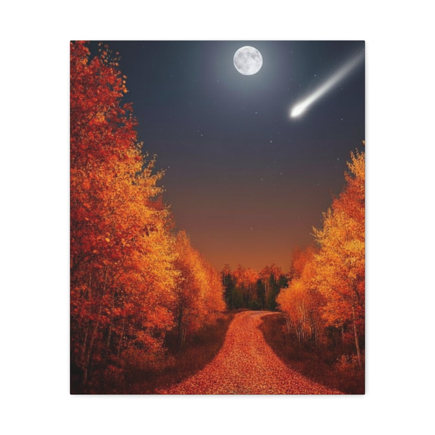 Canvas wall art of an autumn forest road under a full moon with a shooting star and colorful fall foliage