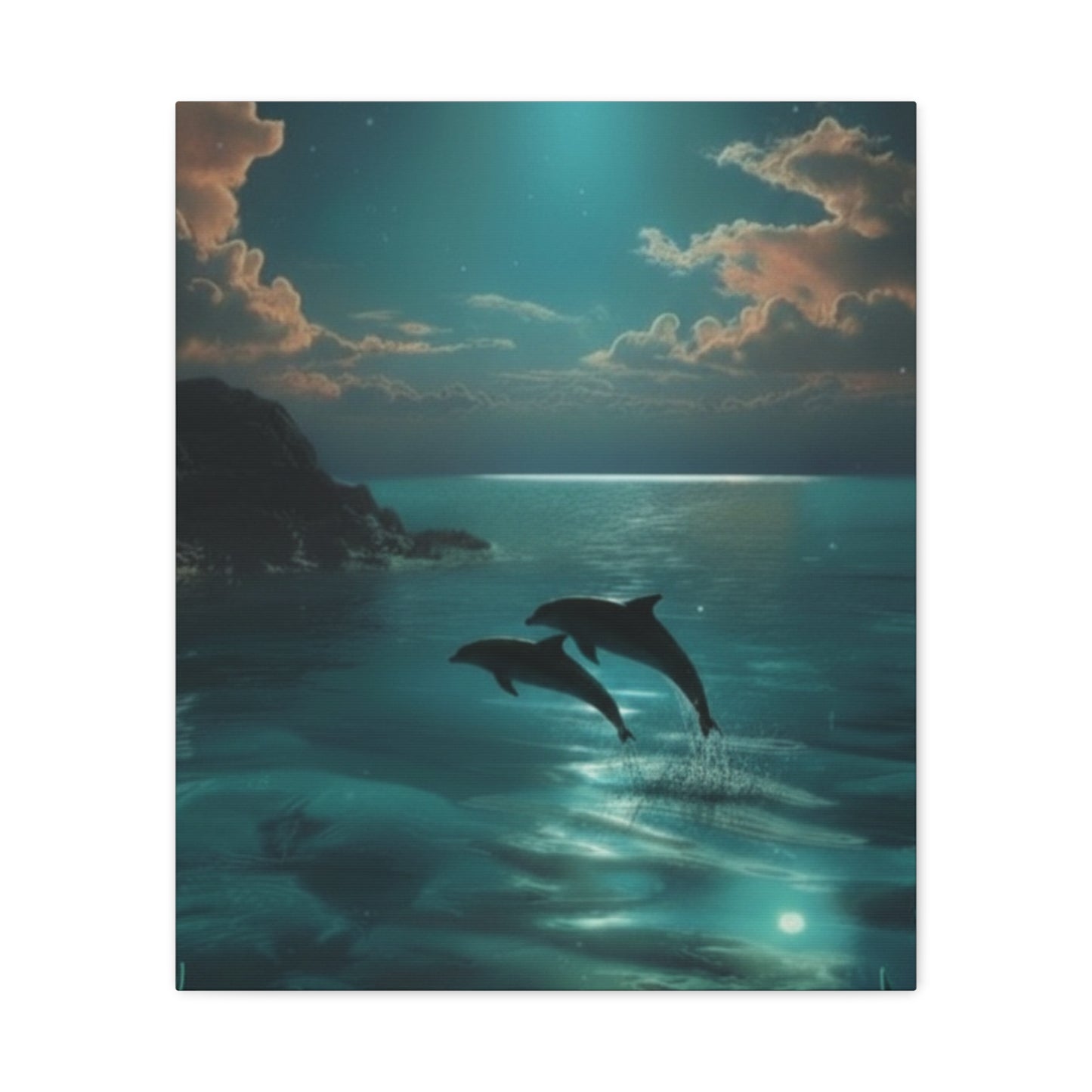 Dolphins in Turquoise Moonlit Ocean Canvas Wall Art