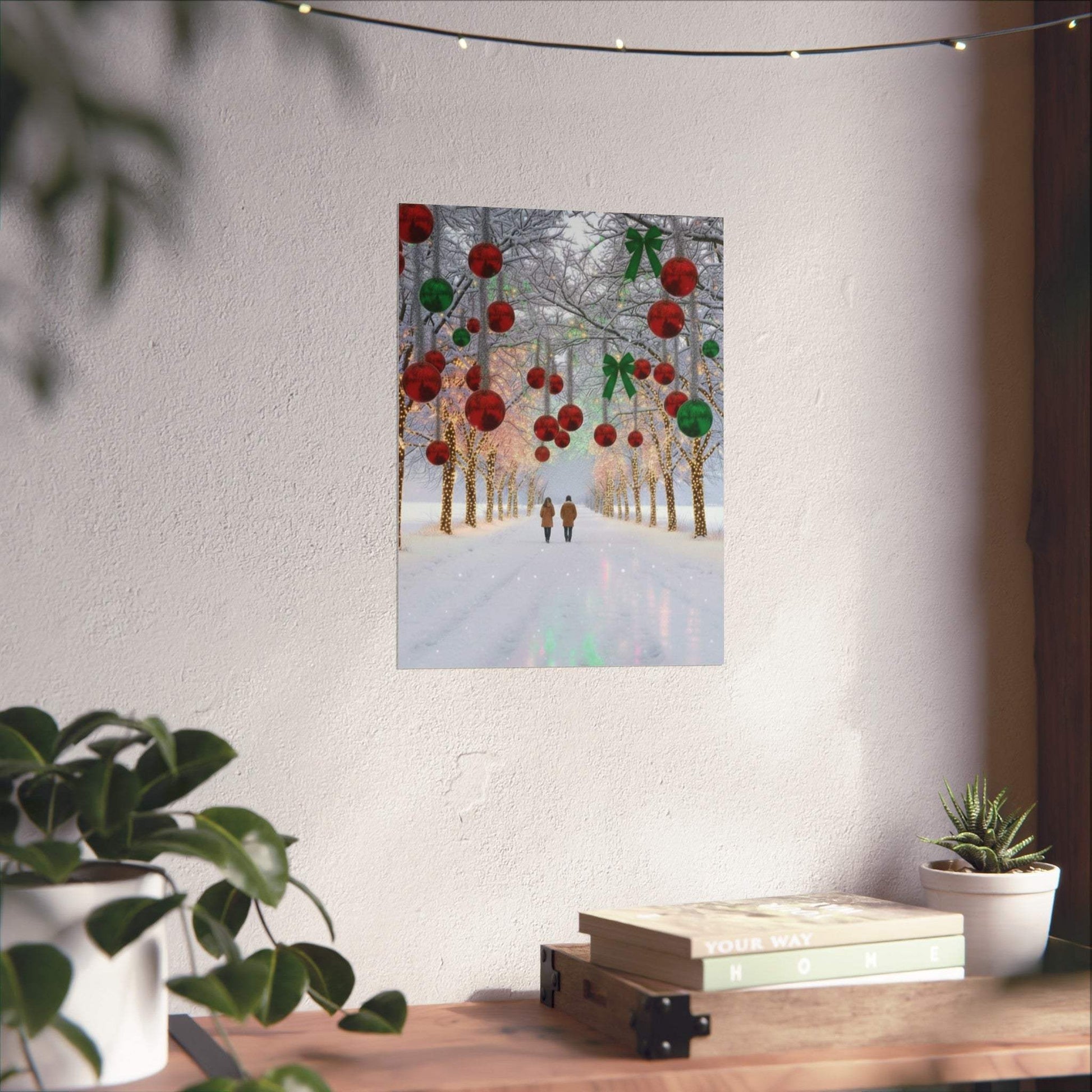 Poster of a couple walking under winter Christmas lights with festive red and green ornaments in snowy landscape