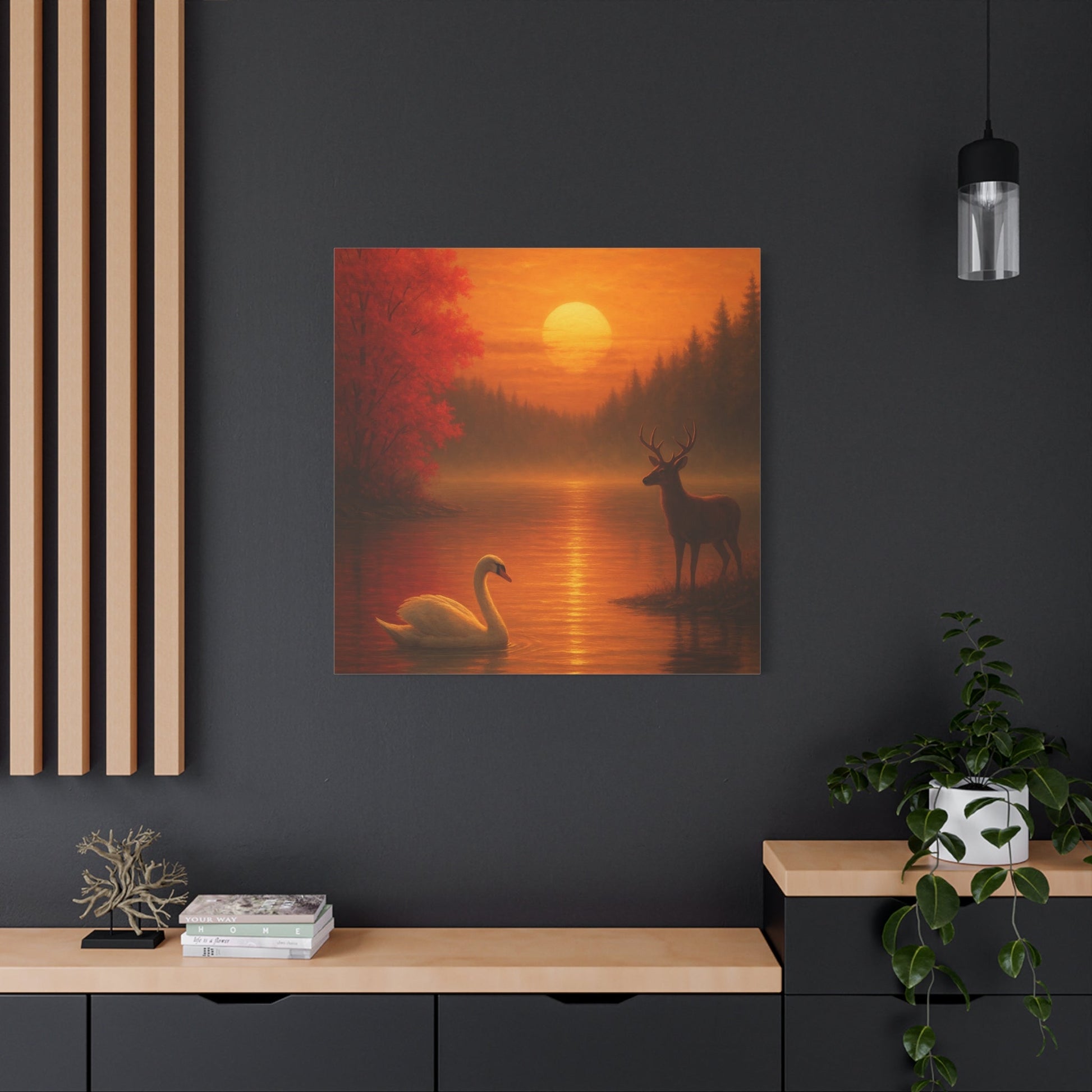Dusk on the Autumn Lake Sunset canvas wall art featuring swan and deer in fiery orange and red tones.
