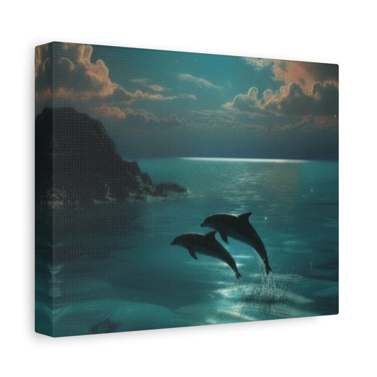 Playful Dolphin Moonlight Canvas Print — Tranquil Ocean Wall Art