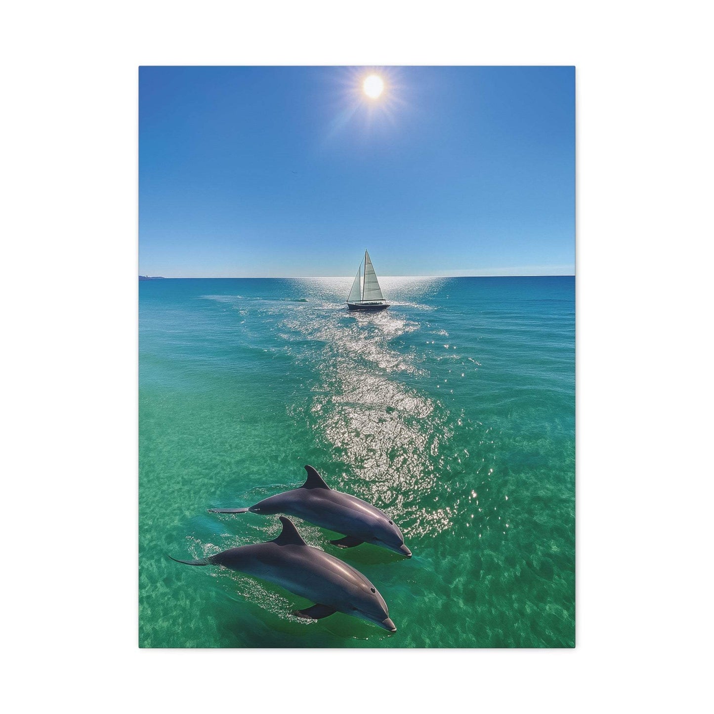Wall Art Canvas Print of ocean scene with sailboat and dolphins under the sun