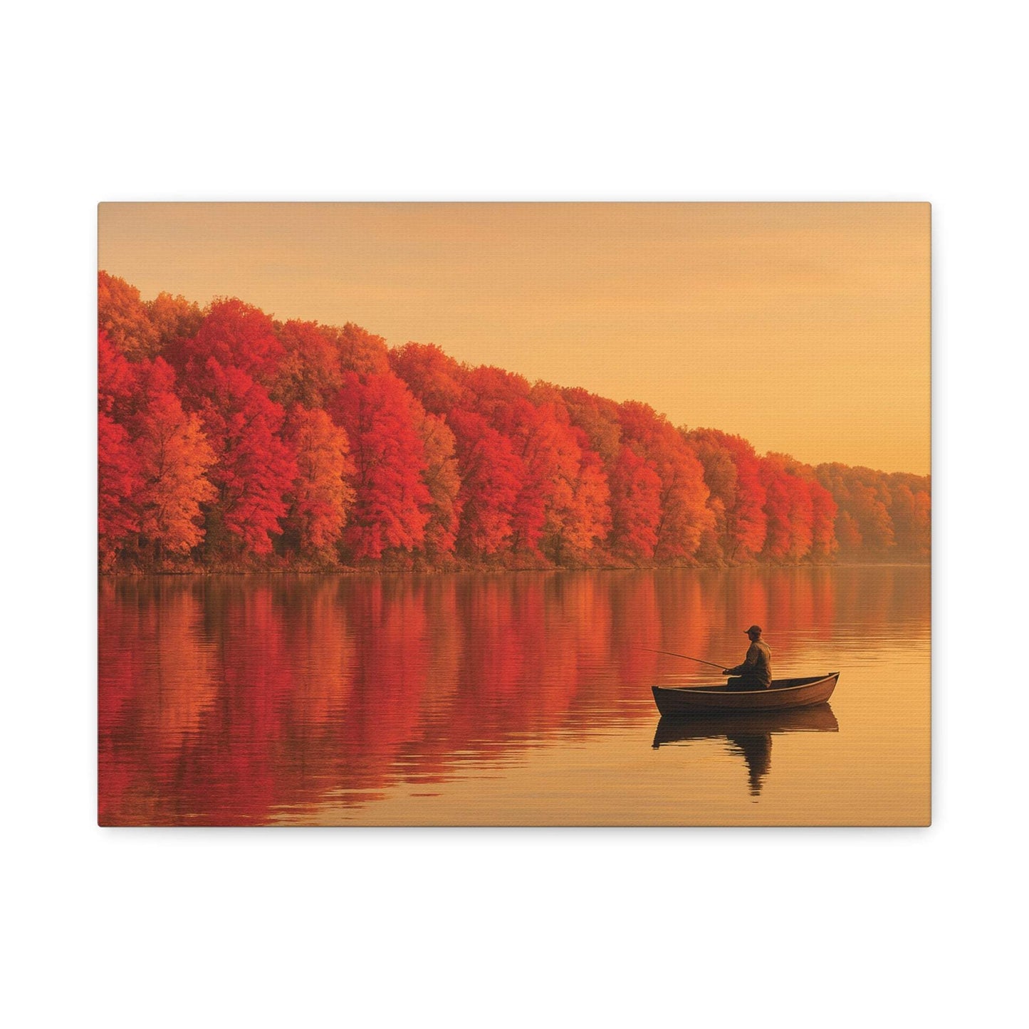 Wall art canvas of autumn foliage and lone fisherman on calm lake at sunset
