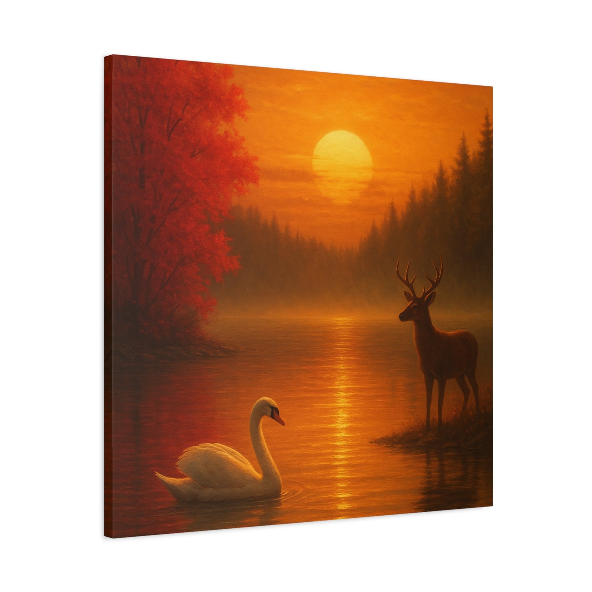 Dusk on the Autumn Lake Sunset canvas featuring a swan on reflective water and deer by pine forest with crimson maple leaves.