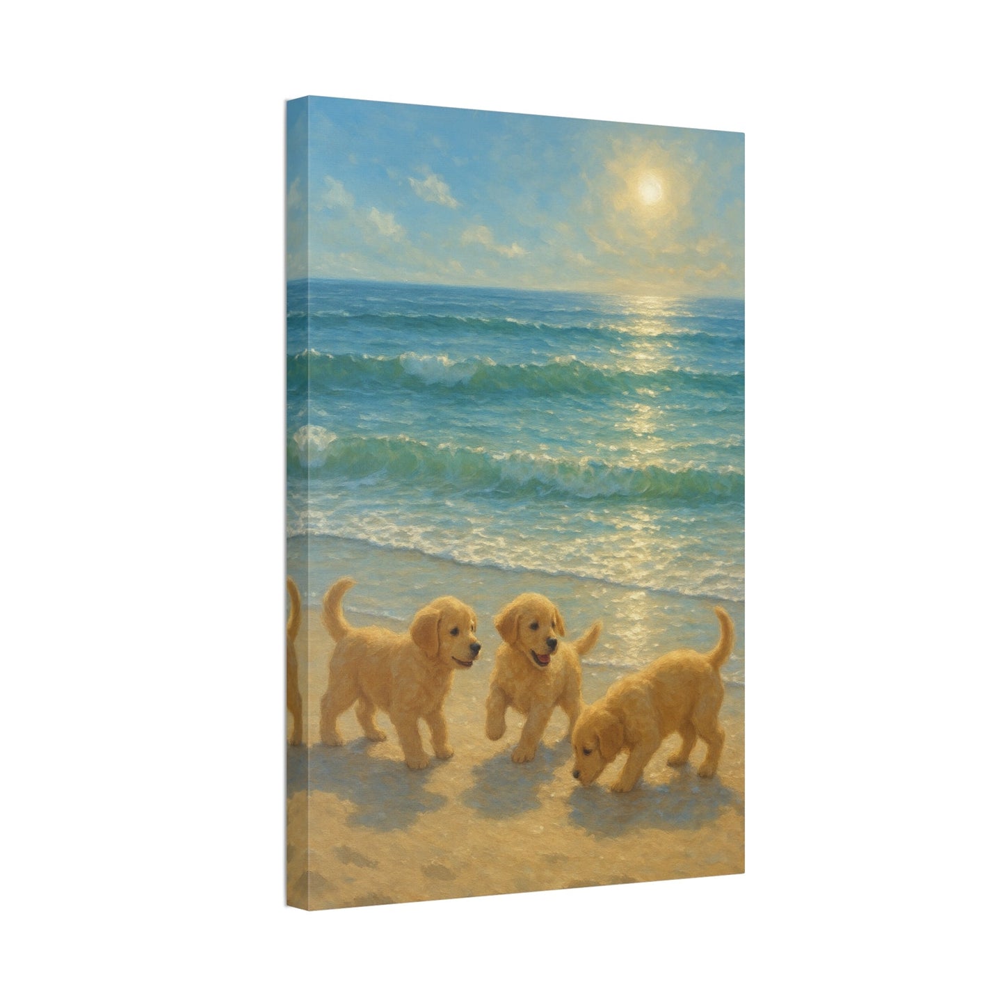 Abstract canvas art of golden retriever puppies playing on sunlit beach with turquoise waves and golden sunlight reflection