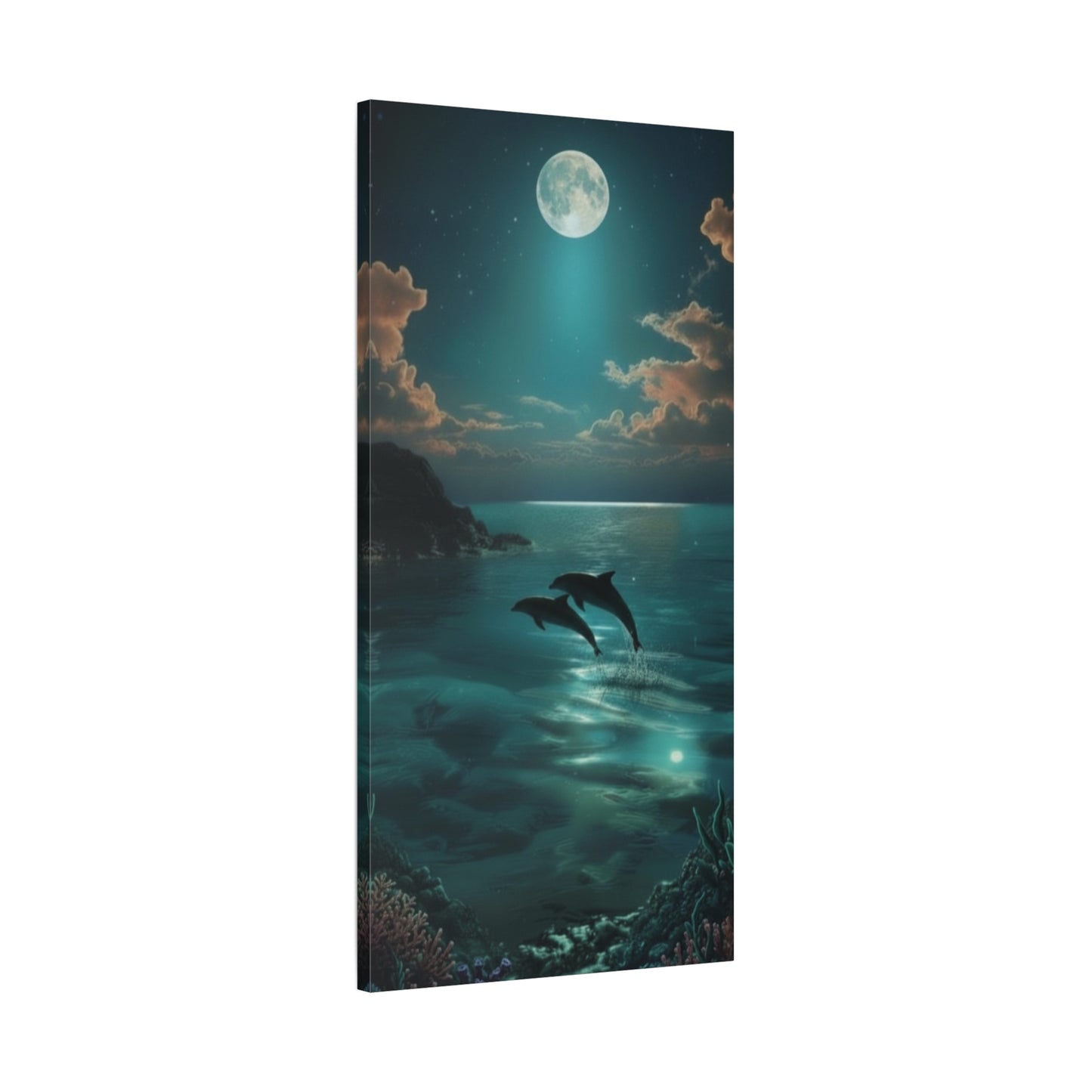 Dolphins in Turquoise Moonlit Ocean Canvas Wall Art