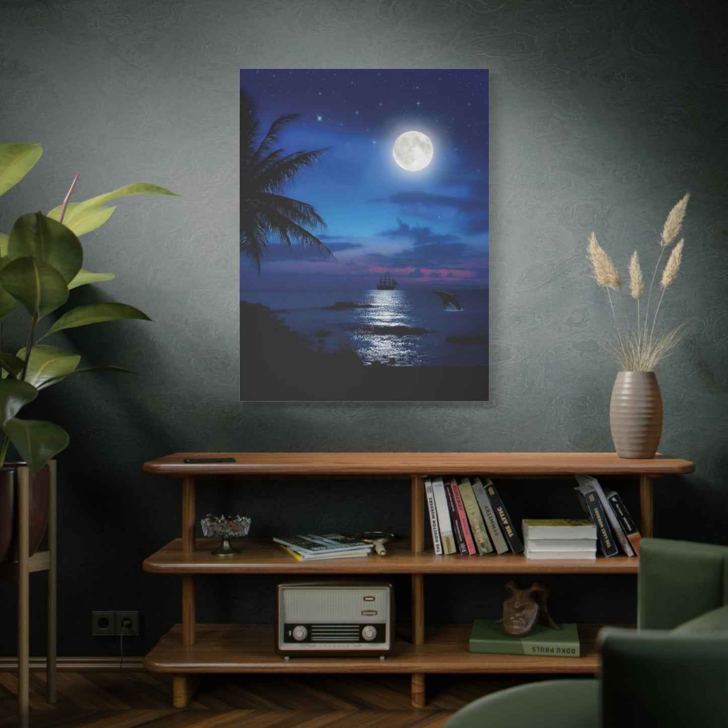 Blue Sky Moon lit Tropical Escape Canvas Wall Art