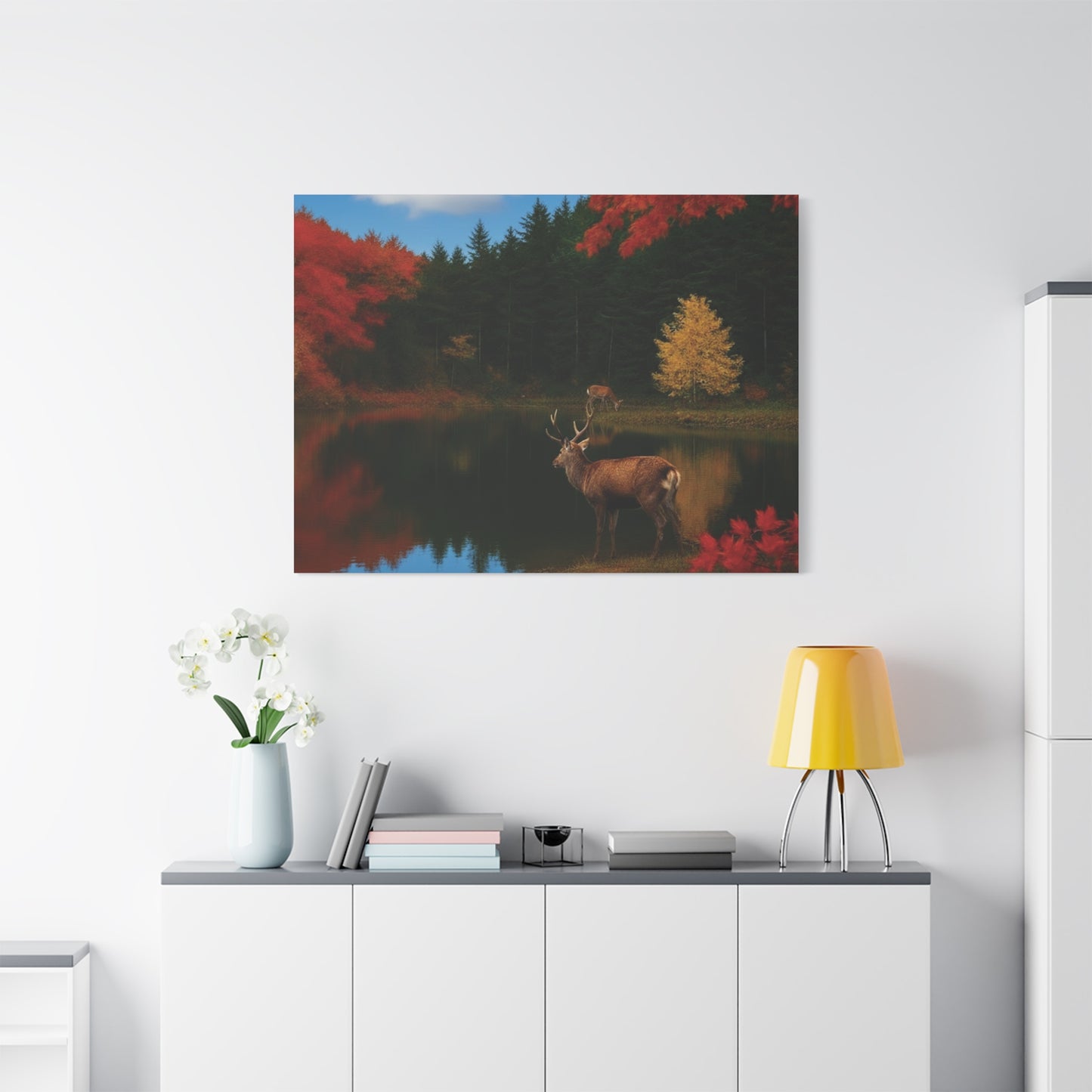 Autumn foliage and Deer by the lake Canvas wall art print