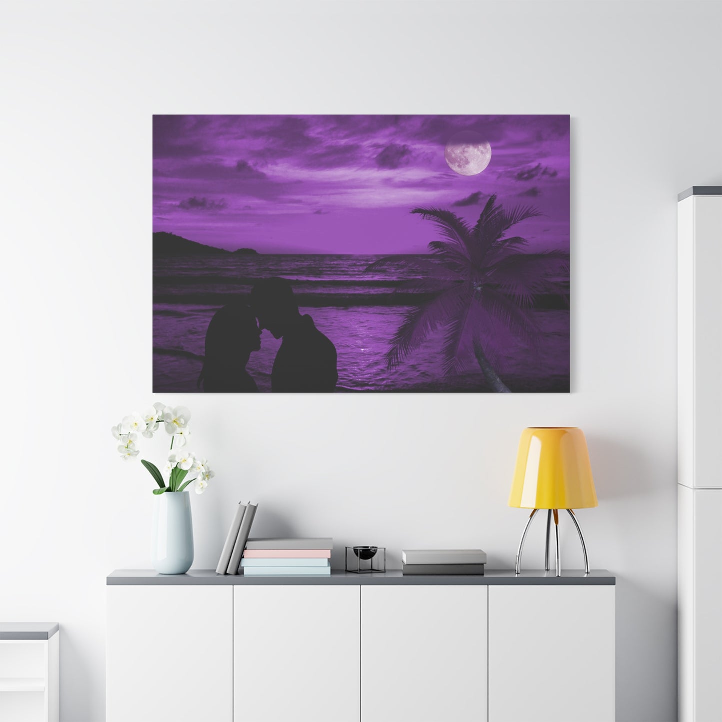 Romantic Beach Canvas - Purple Moonlight Couples Wall Art for Bedroom
