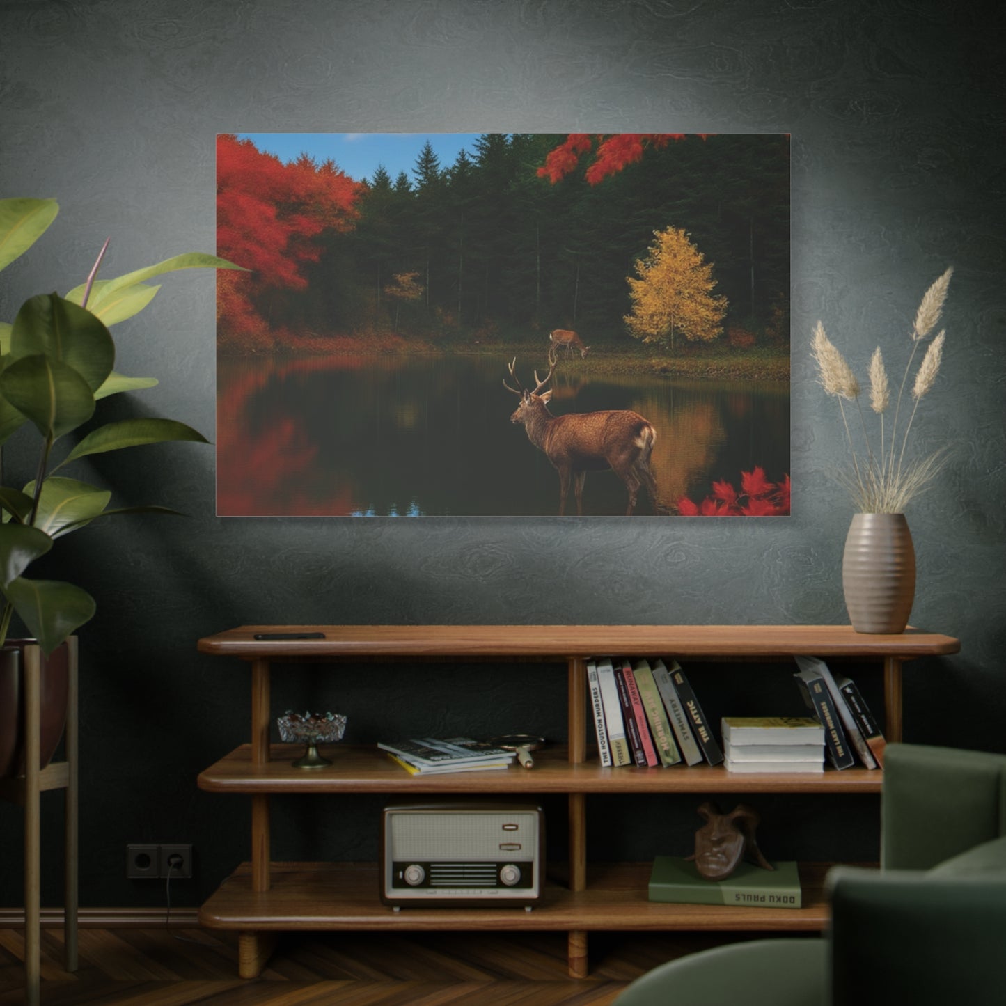 Autumn foliage and Deer by the lake Canvas wall art print