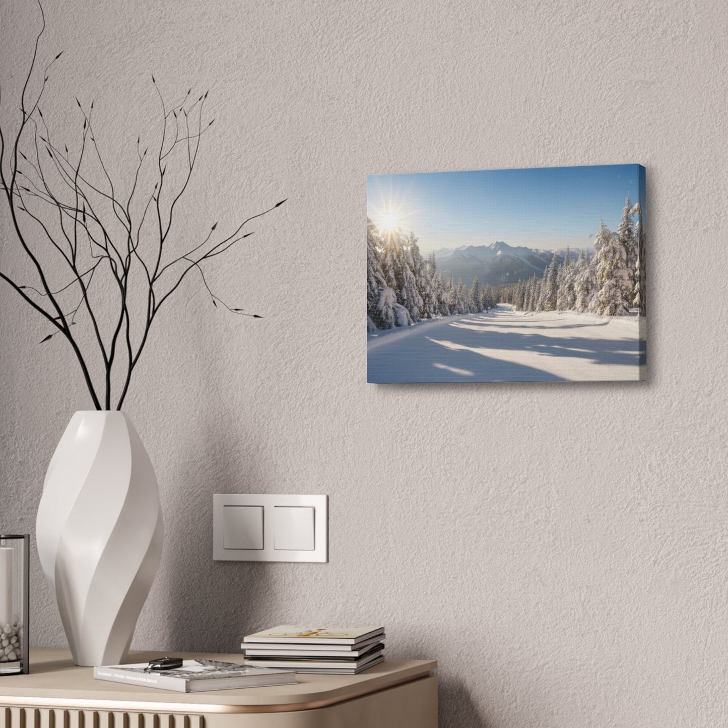 Canvas wall art featuring a serene snowy winter trail with pine trees and distant mountains under a clear morning sky