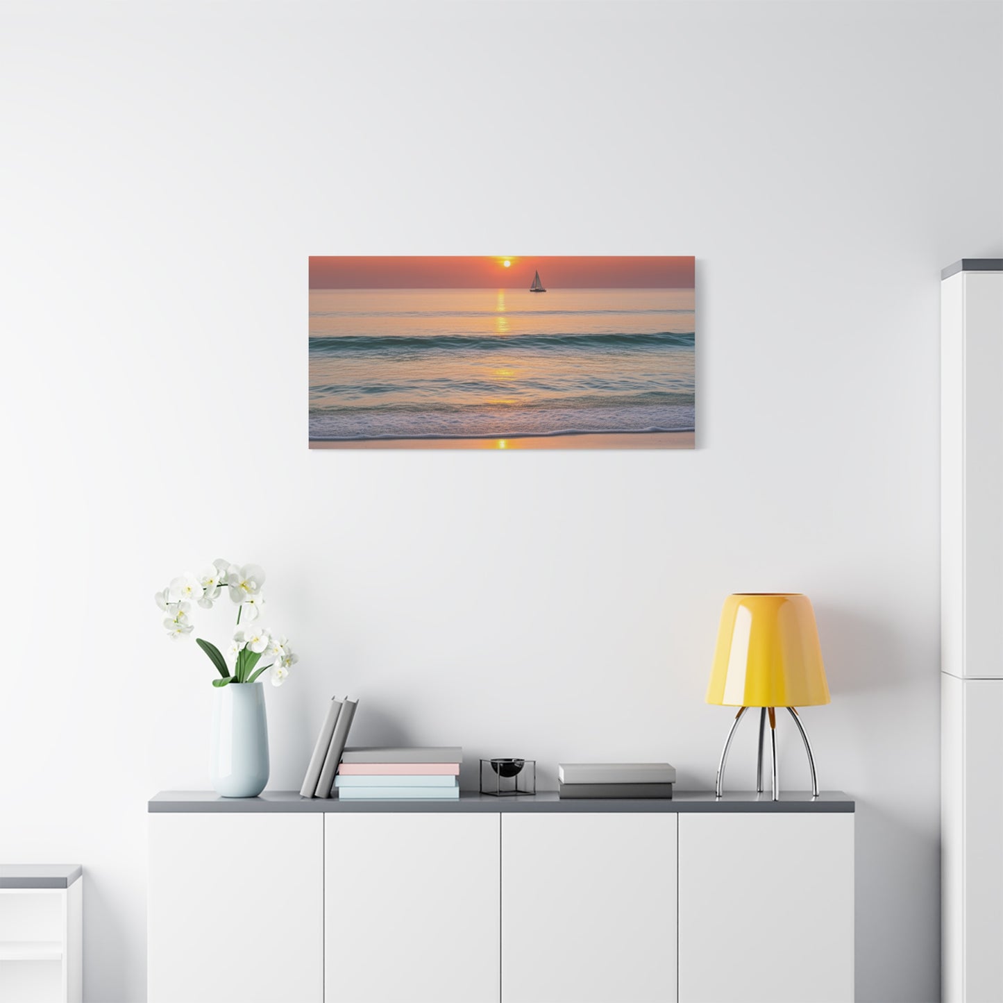 Peaceful Beach Sunset Canvas - Calming Footprints &amp; Seashells Wall Art for Bedroom
