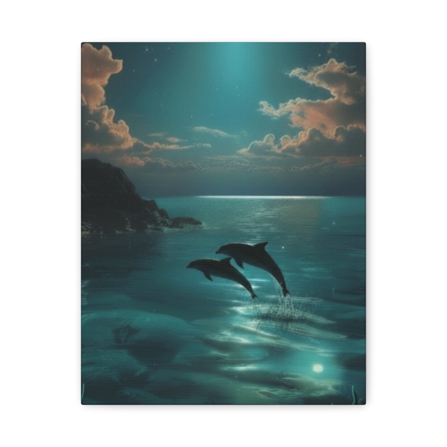 Dolphins in Turquoise Moonlit Ocean Canvas Wall Art