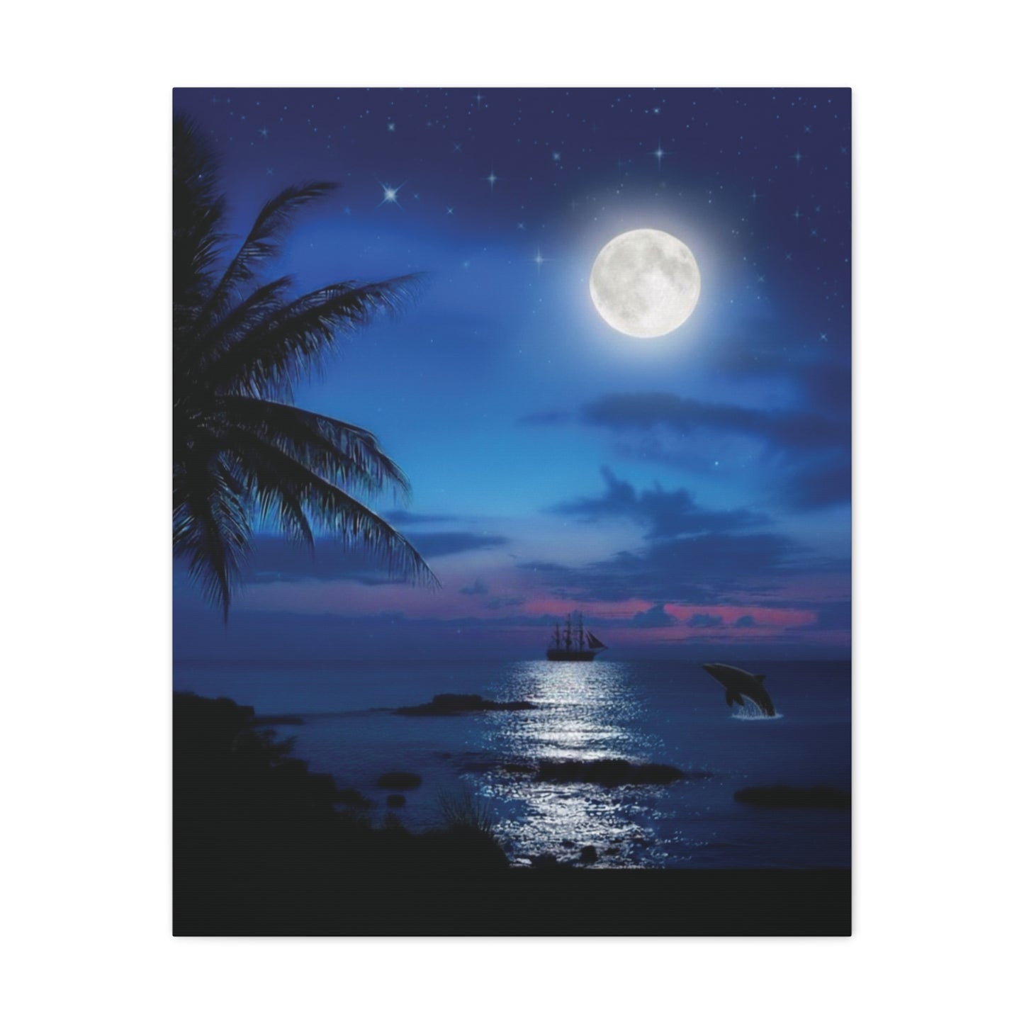 Blue Sky Moon lit Tropical Escape Canvas Wall Art