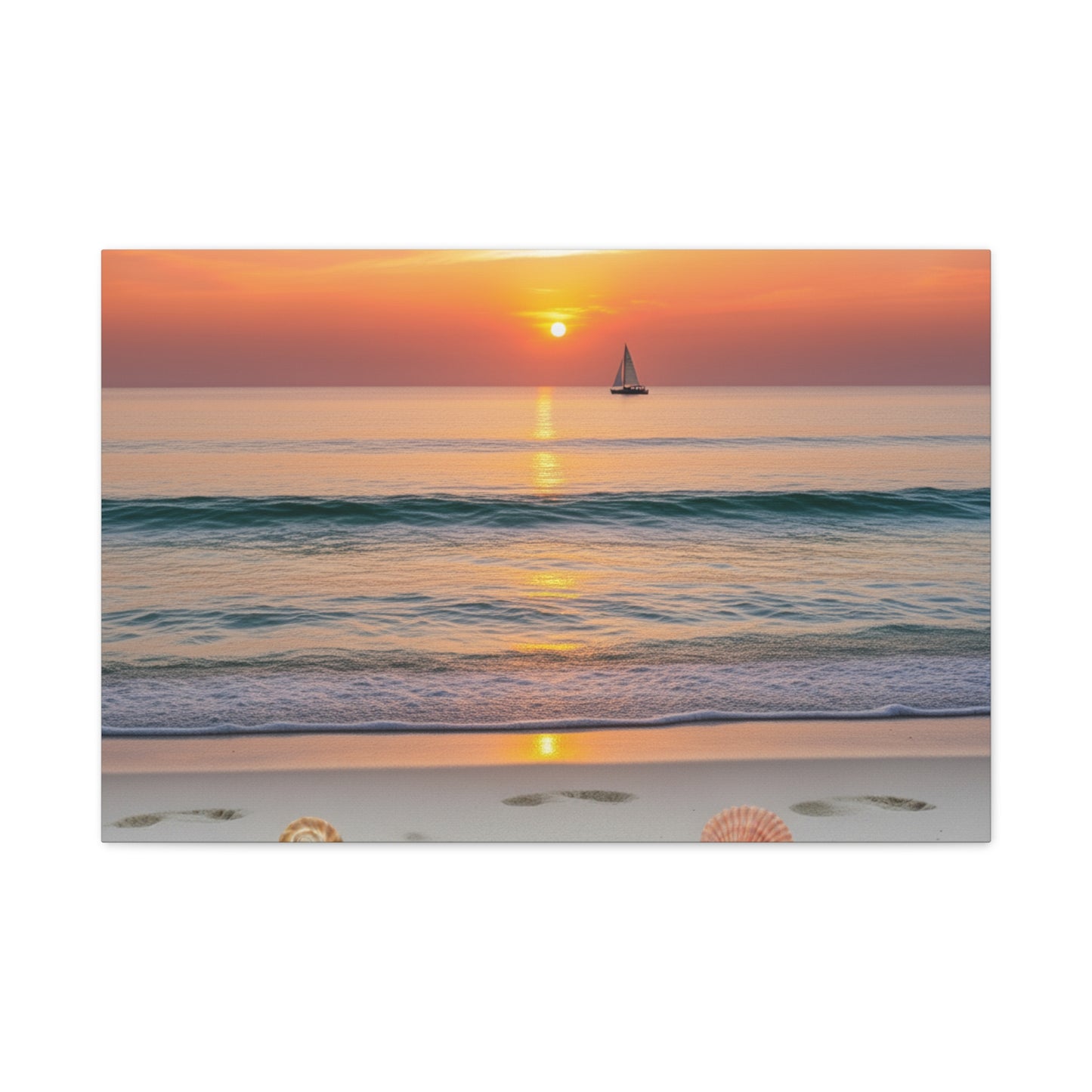 Peaceful Beach Sunset Canvas - Calming Footprints &amp; Seashells Wall Art for Bedroom