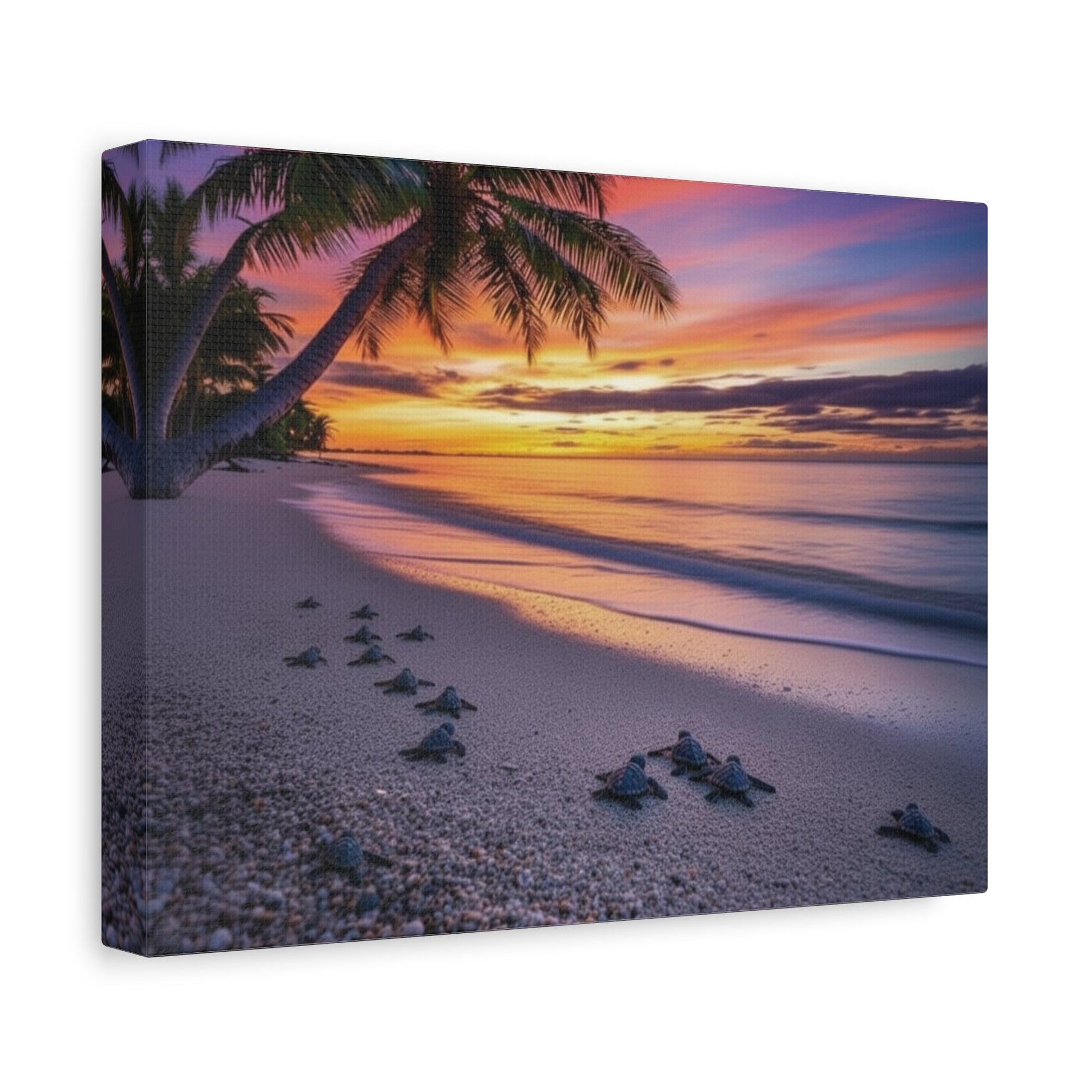 Canvas print of a tropical sunset with palm trees and turtles on a beach.