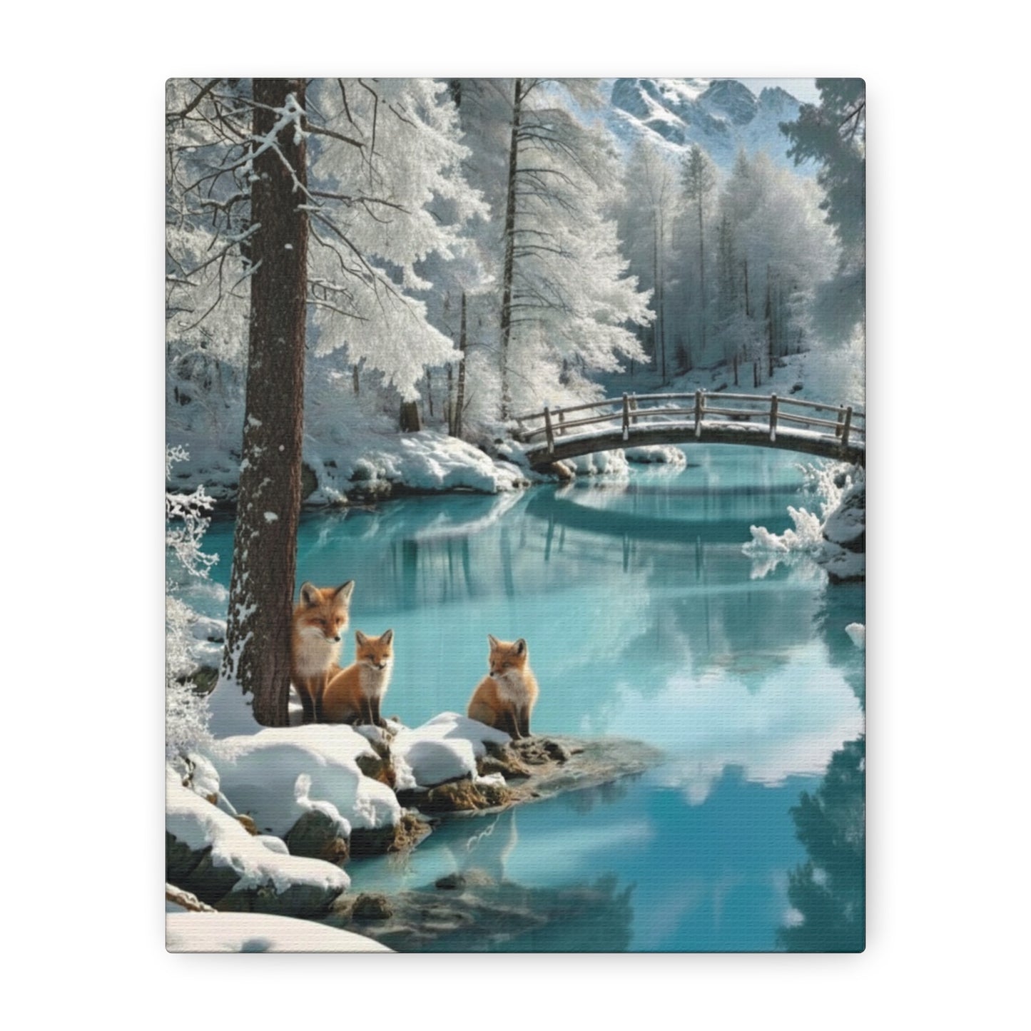 Three foxes by a snowy lake with a bridge and trees in the background