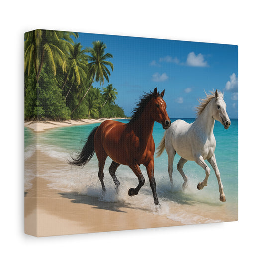 Two horses running on a beach with palm trees in the background