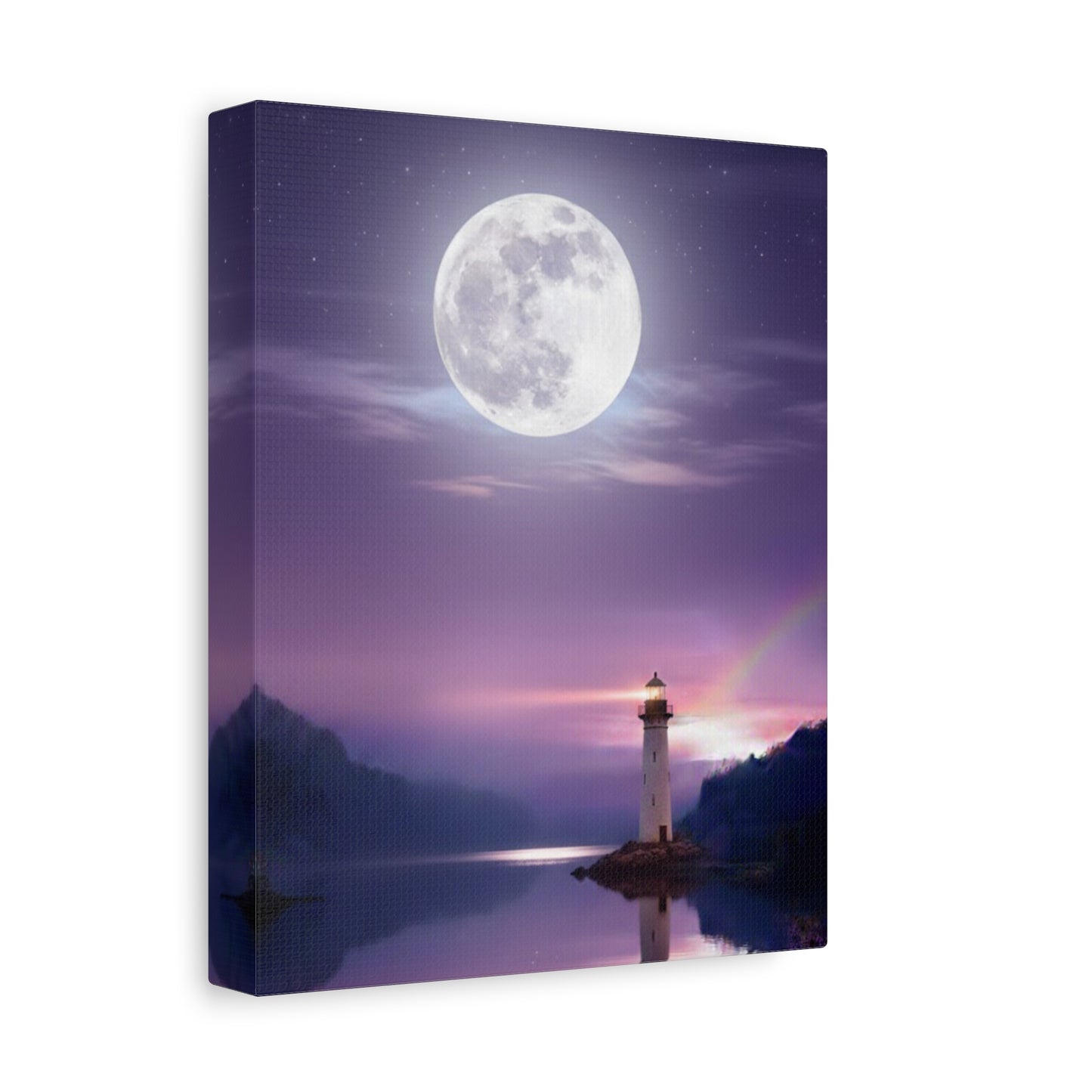 Canvas print of a lighthouse under a full moon with a rainbow, on a white background.