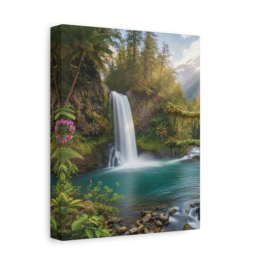 Canvas print of a waterfall in a lush green forest with mountains in the background.