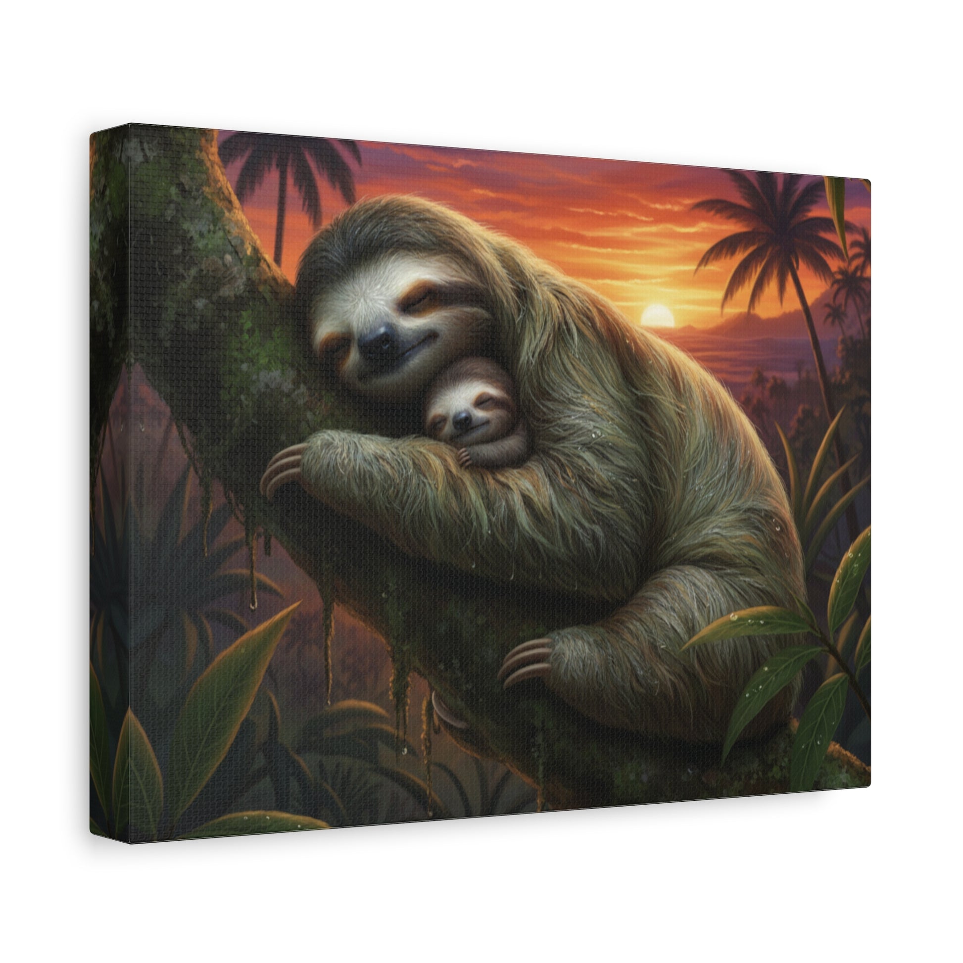 Canvas print of two sloths in a tree with a sunset jungle background