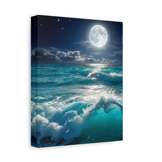 Canvas print of a moonlit ocean scene with waves crashing against the shore.