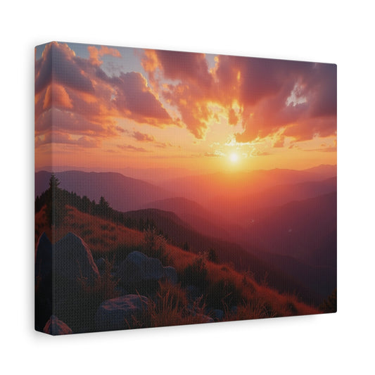 Canvas print of a mountain landscape with a vibrant sunset.