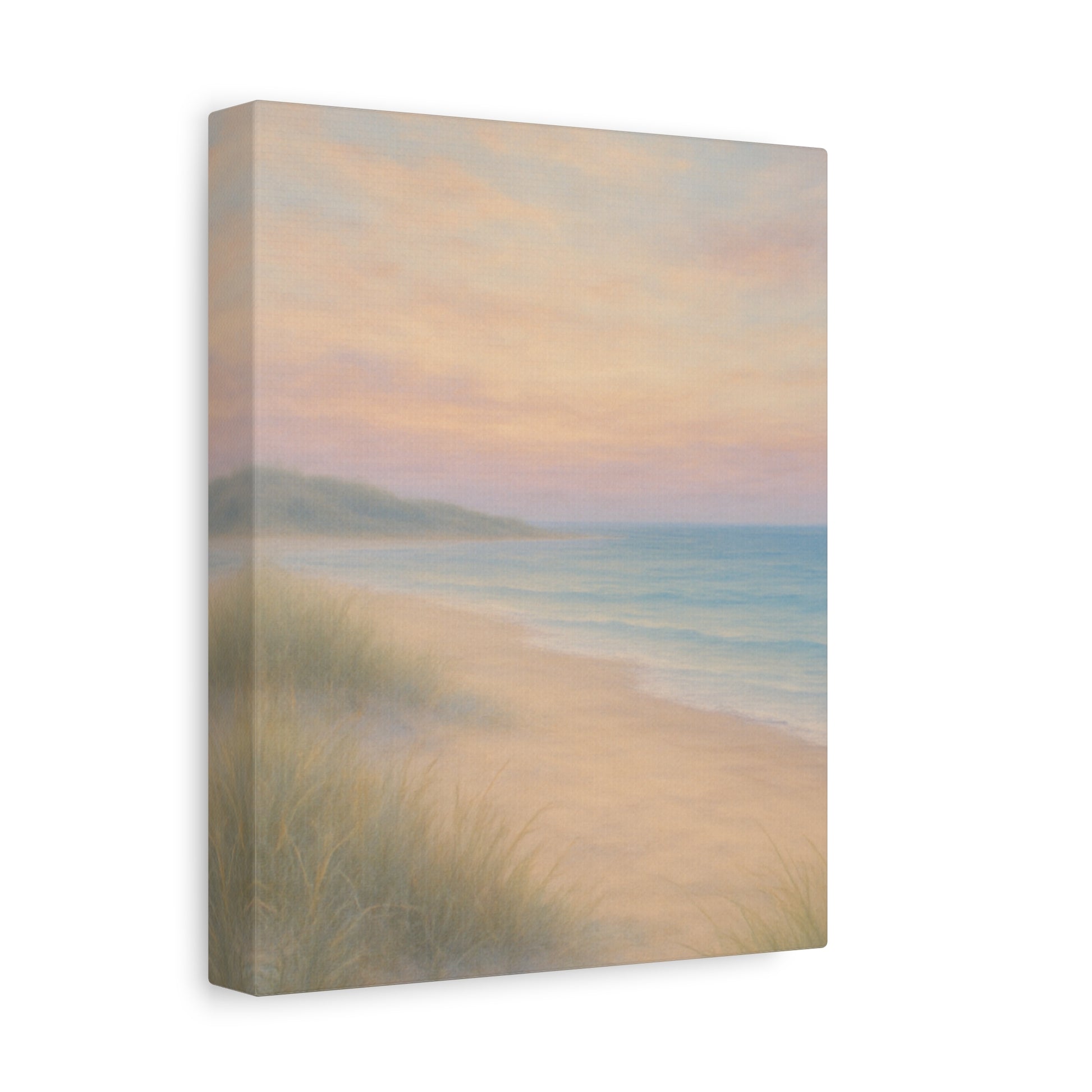 Canvas print of a beach scene with sand dunes and a pastel sky.