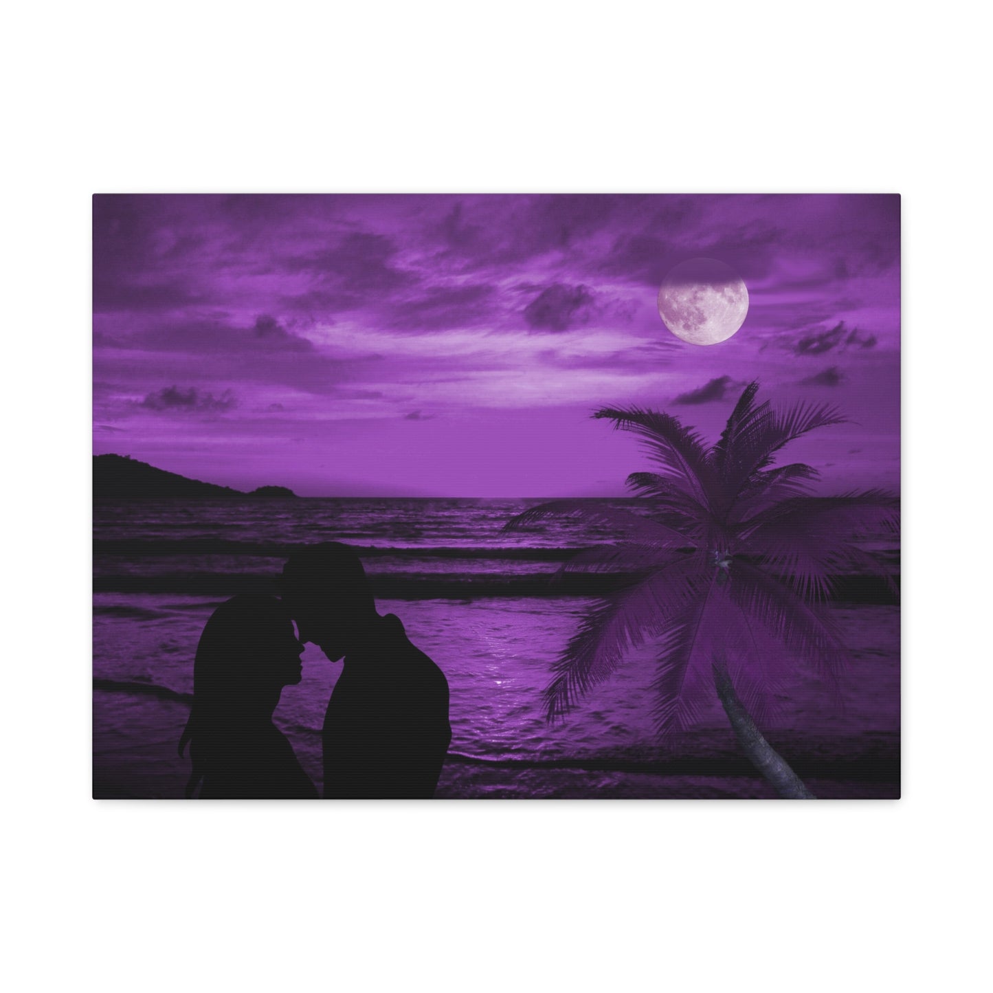 Couple embracing on a beach with a palm tree and full moon under a purple sky