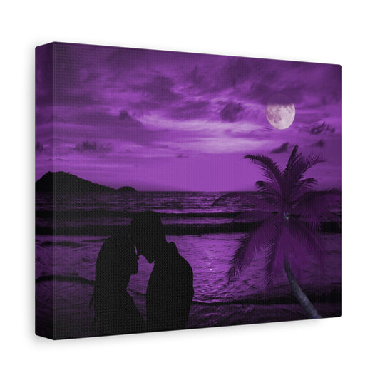 Canvas print of a purple sunset over a beach with silhouettes of people and palm trees.