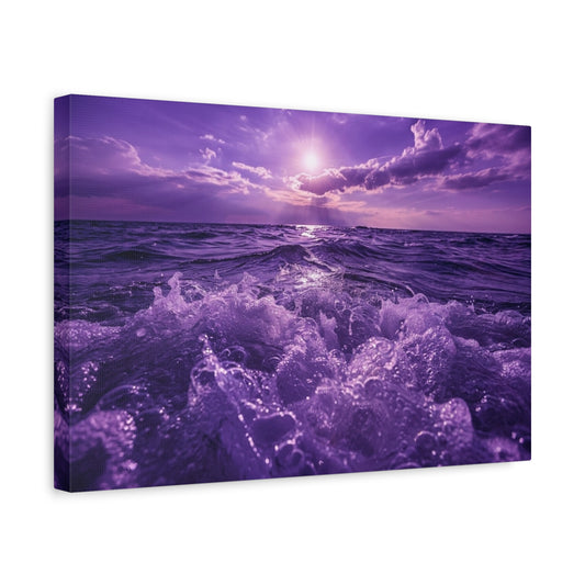 Canvas print of a purple sunset over the ocean with waves.