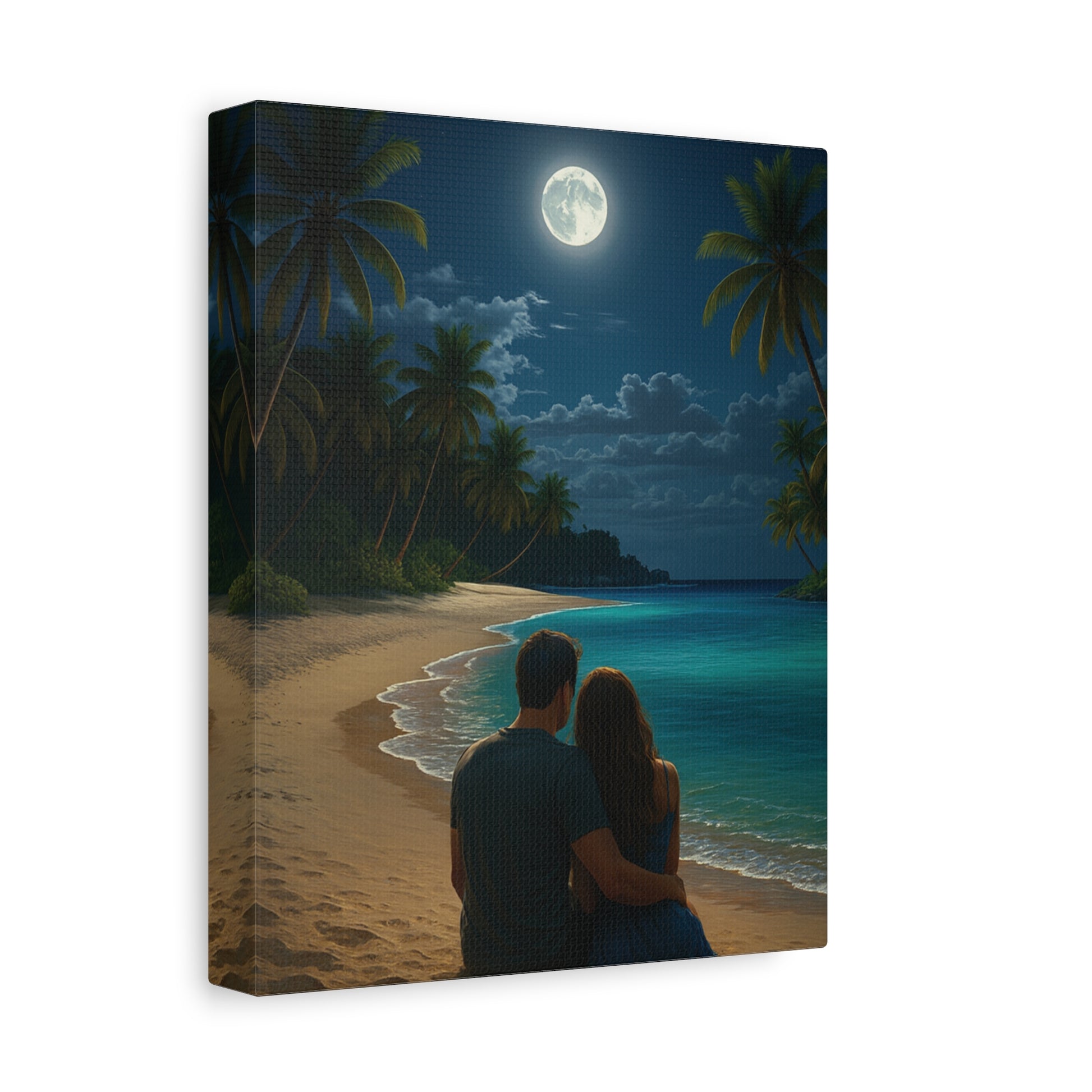 Couple sitting on a beach under a full moon with palm trees in the background