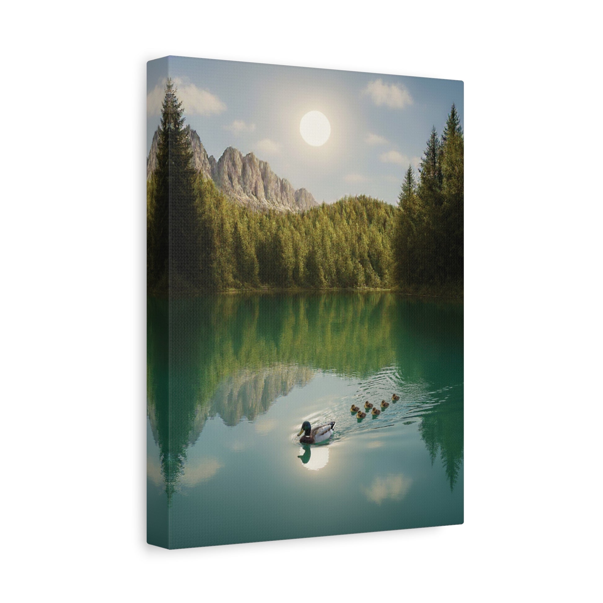 Canvas print of a scenic landscape with a lake, ducks, and mountains.