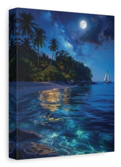 Sailing under a Full Moon Over Ocean Matte Canvas Print — Stretched 1.25"