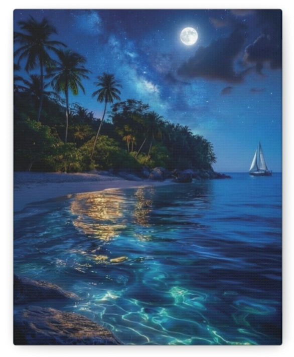 Sailing under a Full Moon Over Ocean Matte Canvas Print — Stretched 1.25"